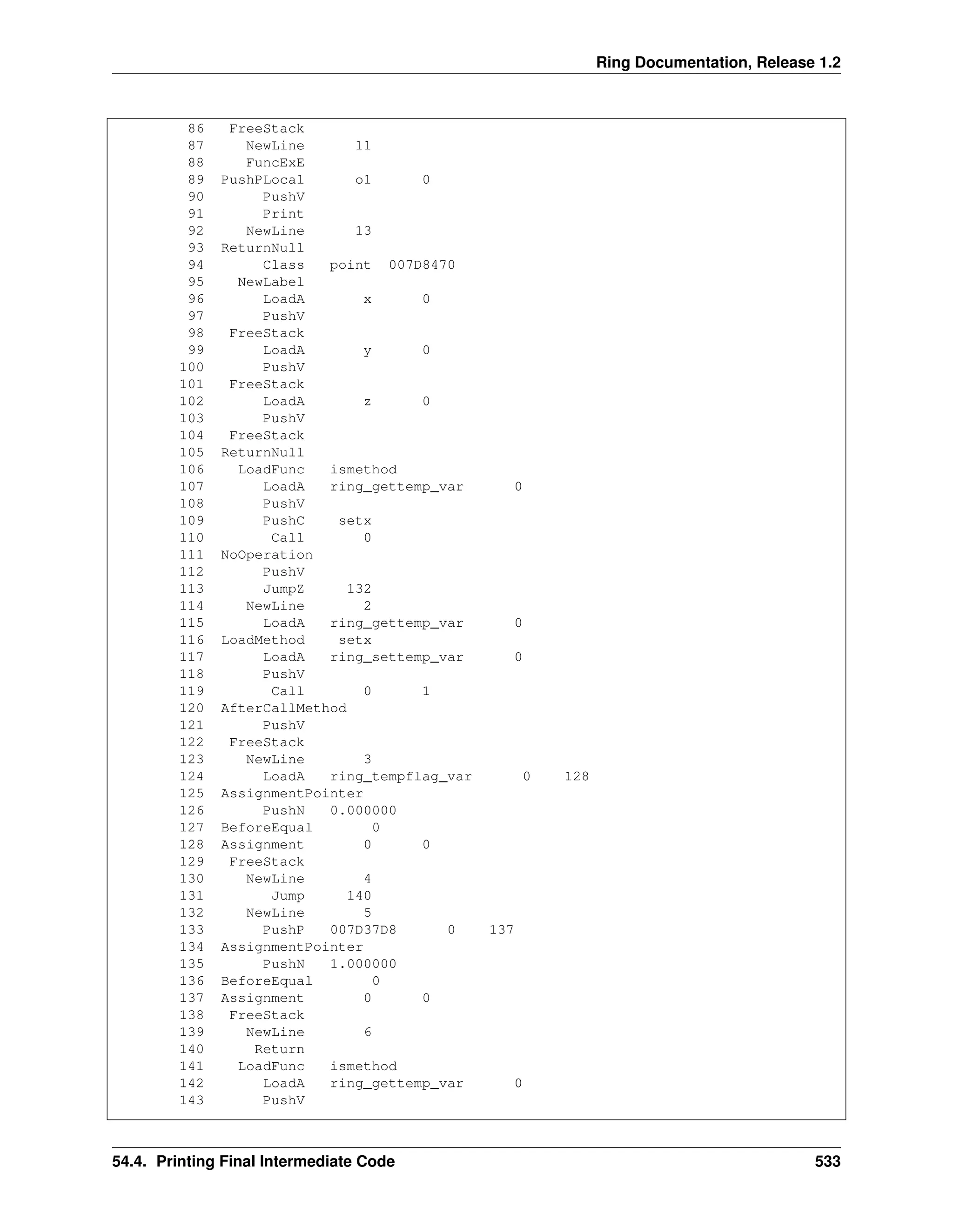 Ring Documentation, Release 1.2 86 FreeStack 87 NewLine 11 88 FuncExE 89 PushPLocal o1 0 90 PushV 91 Print 92 NewLine 13 93 ReturnNull 94 Class point 007D8470 95 NewLabel 96 LoadA x 0 97 PushV 98 FreeStack 99 LoadA y 0 100 PushV 101 FreeStack 102 LoadA z 0 103 PushV 104 FreeStack 105 ReturnNull 106 LoadFunc ismethod 107 LoadA ring_gettemp_var 0 108 PushV 109 PushC setx 110 Call 0 111 NoOperation 112 PushV 113 JumpZ 132 114 NewLine 2 115 LoadA ring_gettemp_var 0 116 LoadMethod setx 117 LoadA ring_settemp_var 0 118 PushV 119 Call 0 1 120 AfterCallMethod 121 PushV 122 FreeStack 123 NewLine 3 124 LoadA ring_tempflag_var 0 128 125 AssignmentPointer 126 PushN 0.000000 127 BeforeEqual 0 128 Assignment 0 0 129 FreeStack 130 NewLine 4 131 Jump 140 132 NewLine 5 133 PushP 007D37D8 0 137 134 AssignmentPointer 135 PushN 1.000000 136 BeforeEqual 0 137 Assignment 0 0 138 FreeStack 139 NewLine 6 140 Return 141 LoadFunc ismethod 142 LoadA ring_gettemp_var 0 143 PushV 54.4. Printing Final Intermediate Code 533 