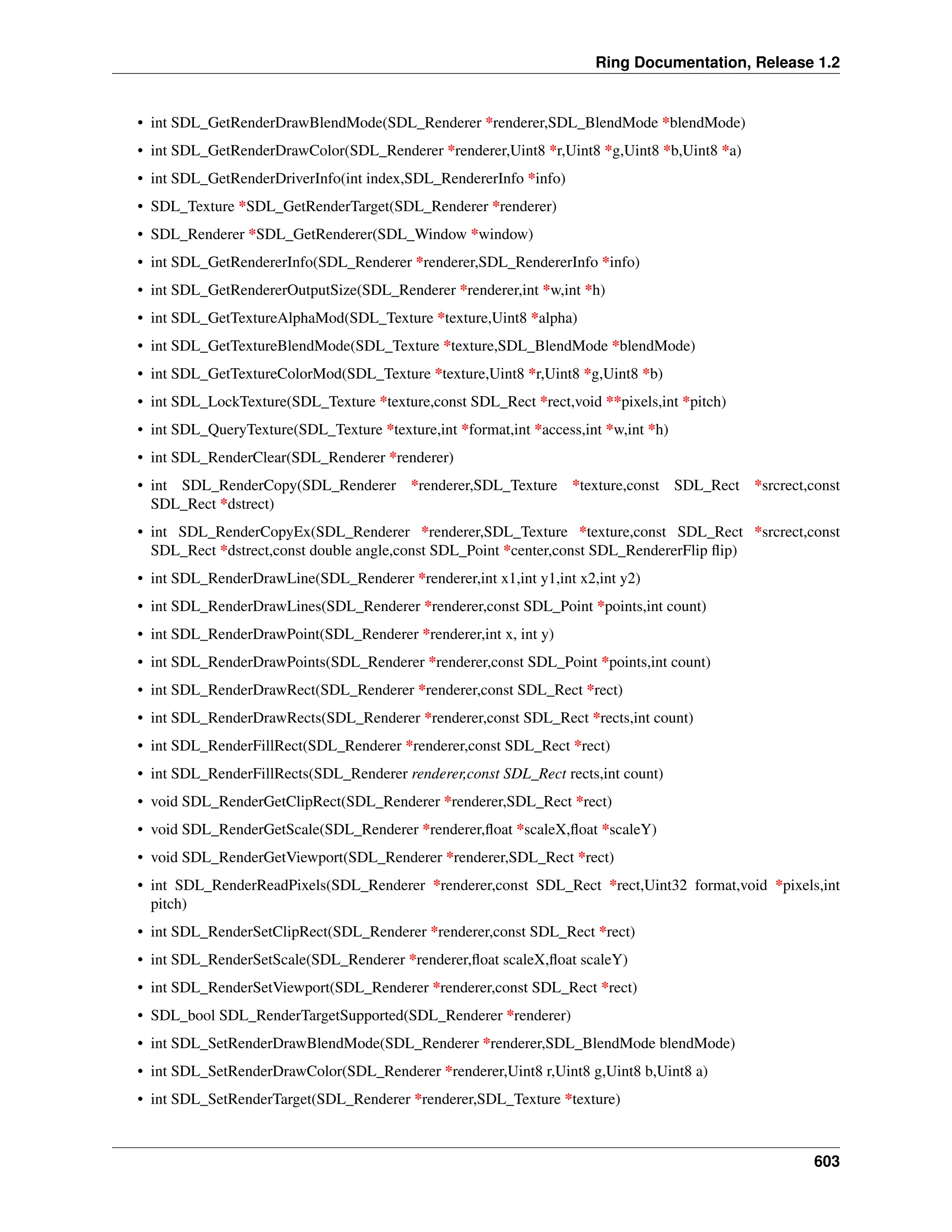 Ring Documentation, Release 1.2 • int SDL_GetRenderDrawBlendMode(SDL_Renderer *renderer,SDL_BlendMode *blendMode) • int SDL_GetRenderDrawColor(SDL_Renderer *renderer,Uint8 *r,Uint8 *g,Uint8 *b,Uint8 *a) • int SDL_GetRenderDriverInfo(int index,SDL_RendererInfo *info) • SDL_Texture *SDL_GetRenderTarget(SDL_Renderer *renderer) • SDL_Renderer *SDL_GetRenderer(SDL_Window *window) • int SDL_GetRendererInfo(SDL_Renderer *renderer,SDL_RendererInfo *info) • int SDL_GetRendererOutputSize(SDL_Renderer *renderer,int *w,int *h) • int SDL_GetTextureAlphaMod(SDL_Texture *texture,Uint8 *alpha) • int SDL_GetTextureBlendMode(SDL_Texture *texture,SDL_BlendMode *blendMode) • int SDL_GetTextureColorMod(SDL_Texture *texture,Uint8 *r,Uint8 *g,Uint8 *b) • int SDL_LockTexture(SDL_Texture *texture,const SDL_Rect *rect,void **pixels,int *pitch) • int SDL_QueryTexture(SDL_Texture *texture,int *format,int *access,int *w,int *h) • int SDL_RenderClear(SDL_Renderer *renderer) • int SDL_RenderCopy(SDL_Renderer *renderer,SDL_Texture *texture,const SDL_Rect *srcrect,const SDL_Rect *dstrect) • int SDL_RenderCopyEx(SDL_Renderer *renderer,SDL_Texture *texture,const SDL_Rect *srcrect,const SDL_Rect *dstrect,const double angle,const SDL_Point *center,const SDL_RendererFlip flip) • int SDL_RenderDrawLine(SDL_Renderer *renderer,int x1,int y1,int x2,int y2) • int SDL_RenderDrawLines(SDL_Renderer *renderer,const SDL_Point *points,int count) • int SDL_RenderDrawPoint(SDL_Renderer *renderer,int x, int y) • int SDL_RenderDrawPoints(SDL_Renderer *renderer,const SDL_Point *points,int count) • int SDL_RenderDrawRect(SDL_Renderer *renderer,const SDL_Rect *rect) • int SDL_RenderDrawRects(SDL_Renderer *renderer,const SDL_Rect *rects,int count) • int SDL_RenderFillRect(SDL_Renderer *renderer,const SDL_Rect *rect) • int SDL_RenderFillRects(SDL_Renderer renderer,const SDL_Rect rects,int count) • void SDL_RenderGetClipRect(SDL_Renderer *renderer,SDL_Rect *rect) • void SDL_RenderGetScale(SDL_Renderer *renderer,float *scaleX,float *scaleY) • void SDL_RenderGetViewport(SDL_Renderer *renderer,SDL_Rect *rect) • int SDL_RenderReadPixels(SDL_Renderer *renderer,const SDL_Rect *rect,Uint32 format,void *pixels,int pitch) • int SDL_RenderSetClipRect(SDL_Renderer *renderer,const SDL_Rect *rect) • int SDL_RenderSetScale(SDL_Renderer *renderer,float scaleX,float scaleY) • int SDL_RenderSetViewport(SDL_Renderer *renderer,const SDL_Rect *rect) • SDL_bool SDL_RenderTargetSupported(SDL_Renderer *renderer) • int SDL_SetRenderDrawBlendMode(SDL_Renderer *renderer,SDL_BlendMode blendMode) • int SDL_SetRenderDrawColor(SDL_Renderer *renderer,Uint8 r,Uint8 g,Uint8 b,Uint8 a) • int SDL_SetRenderTarget(SDL_Renderer *renderer,SDL_Texture *texture) 603 