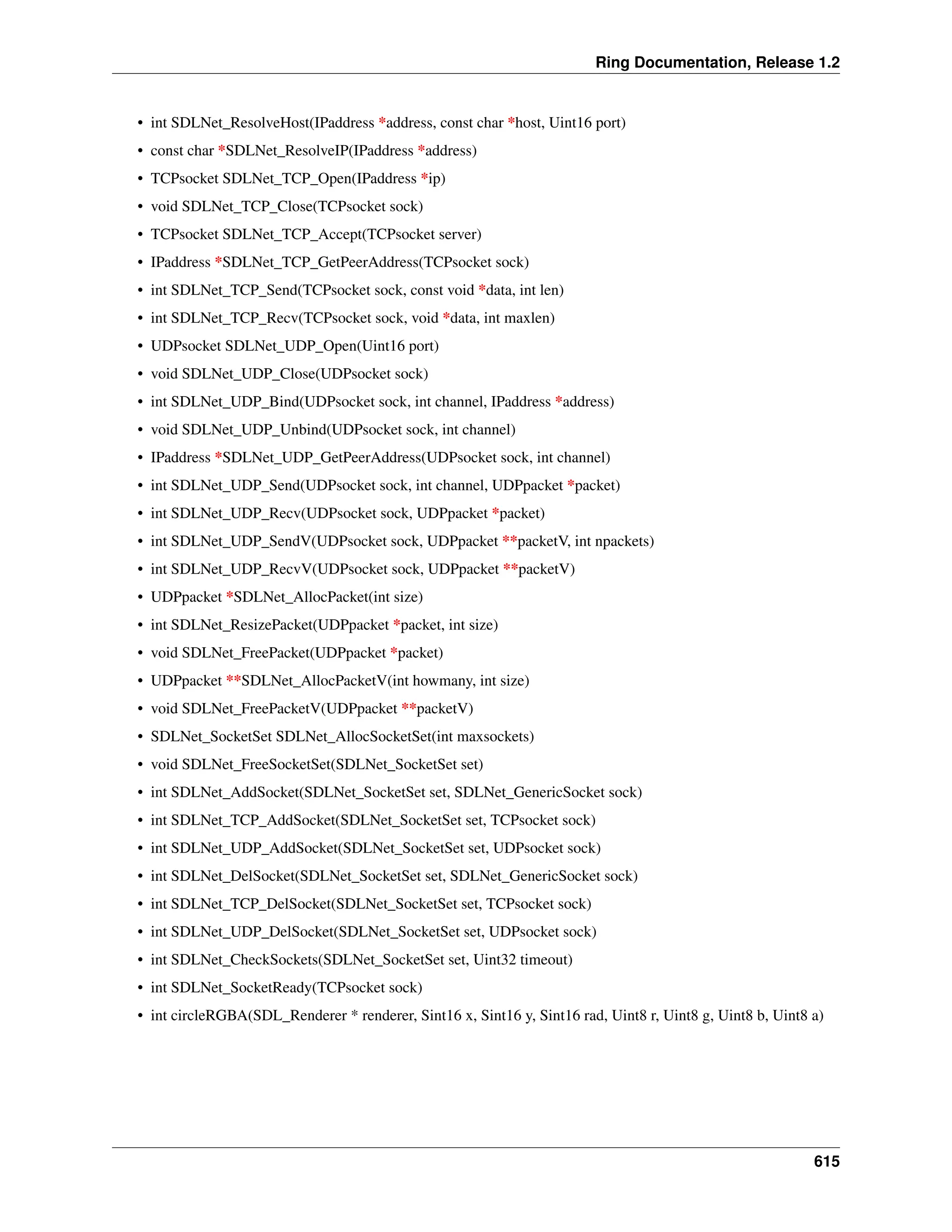 Ring Documentation, Release 1.2 • int SDLNet_ResolveHost(IPaddress *address, const char *host, Uint16 port) • const char *SDLNet_ResolveIP(IPaddress *address) • TCPsocket SDLNet_TCP_Open(IPaddress *ip) • void SDLNet_TCP_Close(TCPsocket sock) • TCPsocket SDLNet_TCP_Accept(TCPsocket server) • IPaddress *SDLNet_TCP_GetPeerAddress(TCPsocket sock) • int SDLNet_TCP_Send(TCPsocket sock, const void *data, int len) • int SDLNet_TCP_Recv(TCPsocket sock, void *data, int maxlen) • UDPsocket SDLNet_UDP_Open(Uint16 port) • void SDLNet_UDP_Close(UDPsocket sock) • int SDLNet_UDP_Bind(UDPsocket sock, int channel, IPaddress *address) • void SDLNet_UDP_Unbind(UDPsocket sock, int channel) • IPaddress *SDLNet_UDP_GetPeerAddress(UDPsocket sock, int channel) • int SDLNet_UDP_Send(UDPsocket sock, int channel, UDPpacket *packet) • int SDLNet_UDP_Recv(UDPsocket sock, UDPpacket *packet) • int SDLNet_UDP_SendV(UDPsocket sock, UDPpacket **packetV, int npackets) • int SDLNet_UDP_RecvV(UDPsocket sock, UDPpacket **packetV) • UDPpacket *SDLNet_AllocPacket(int size) • int SDLNet_ResizePacket(UDPpacket *packet, int size) • void SDLNet_FreePacket(UDPpacket *packet) • UDPpacket **SDLNet_AllocPacketV(int howmany, int size) • void SDLNet_FreePacketV(UDPpacket **packetV) • SDLNet_SocketSet SDLNet_AllocSocketSet(int maxsockets) • void SDLNet_FreeSocketSet(SDLNet_SocketSet set) • int SDLNet_AddSocket(SDLNet_SocketSet set, SDLNet_GenericSocket sock) • int SDLNet_TCP_AddSocket(SDLNet_SocketSet set, TCPsocket sock) • int SDLNet_UDP_AddSocket(SDLNet_SocketSet set, UDPsocket sock) • int SDLNet_DelSocket(SDLNet_SocketSet set, SDLNet_GenericSocket sock) • int SDLNet_TCP_DelSocket(SDLNet_SocketSet set, TCPsocket sock) • int SDLNet_UDP_DelSocket(SDLNet_SocketSet set, UDPsocket sock) • int SDLNet_CheckSockets(SDLNet_SocketSet set, Uint32 timeout) • int SDLNet_SocketReady(TCPsocket sock) • int circleRGBA(SDL_Renderer * renderer, Sint16 x, Sint16 y, Sint16 rad, Uint8 r, Uint8 g, Uint8 b, Uint8 a) 615 