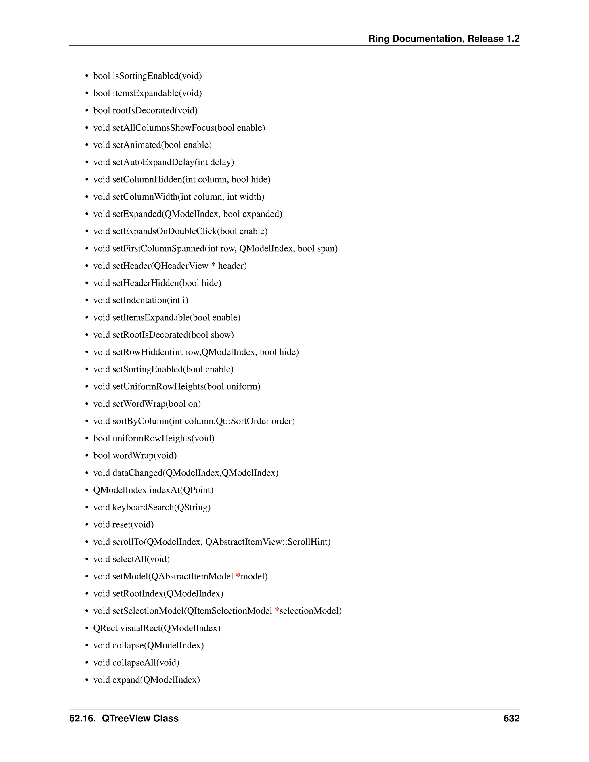 Ring Documentation, Release 1.2 • bool isSortingEnabled(void) • bool itemsExpandable(void) • bool rootIsDecorated(void) • void setAllColumnsShowFocus(bool enable) • void setAnimated(bool enable) • void setAutoExpandDelay(int delay) • void setColumnHidden(int column, bool hide) • void setColumnWidth(int column, int width) • void setExpanded(QModelIndex, bool expanded) • void setExpandsOnDoubleClick(bool enable) • void setFirstColumnSpanned(int row, QModelIndex, bool span) • void setHeader(QHeaderView * header) • void setHeaderHidden(bool hide) • void setIndentation(int i) • void setItemsExpandable(bool enable) • void setRootIsDecorated(bool show) • void setRowHidden(int row,QModelIndex, bool hide) • void setSortingEnabled(bool enable) • void setUniformRowHeights(bool uniform) • void setWordWrap(bool on) • void sortByColumn(int column,Qt::SortOrder order) • bool uniformRowHeights(void) • bool wordWrap(void) • void dataChanged(QModelIndex,QModelIndex) • QModelIndex indexAt(QPoint) • void keyboardSearch(QString) • void reset(void) • void scrollTo(QModelIndex, QAbstractItemView::ScrollHint) • void selectAll(void) • void setModel(QAbstractItemModel *model) • void setRootIndex(QModelIndex) • void setSelectionModel(QItemSelectionModel *selectionModel) • QRect visualRect(QModelIndex) • void collapse(QModelIndex) • void collapseAll(void) • void expand(QModelIndex) 62.16. QTreeView Class 632 