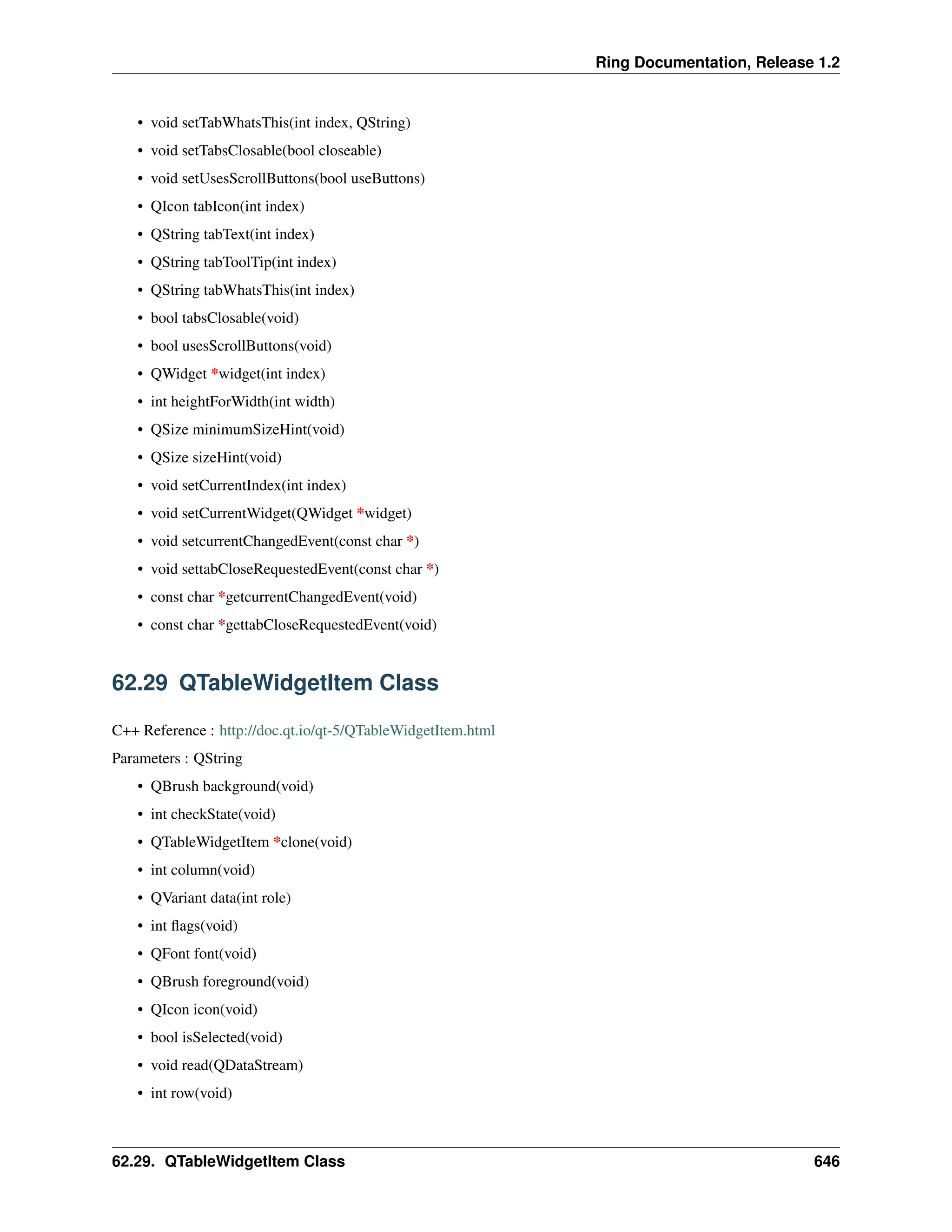 Ring Documentation, Release 1.2 • void setTabWhatsThis(int index, QString) • void setTabsClosable(bool closeable) • void setUsesScrollButtons(bool useButtons) • QIcon tabIcon(int index) • QString tabText(int index) • QString tabToolTip(int index) • QString tabWhatsThis(int index) • bool tabsClosable(void) • bool usesScrollButtons(void) • QWidget *widget(int index) • int heightForWidth(int width) • QSize minimumSizeHint(void) • QSize sizeHint(void) • void setCurrentIndex(int index) • void setCurrentWidget(QWidget *widget) • void setcurrentChangedEvent(const char *) • void settabCloseRequestedEvent(const char *) • const char *getcurrentChangedEvent(void) • const char *gettabCloseRequestedEvent(void) 62.29 QTableWidgetItem Class C++ Reference : http://doc.qt.io/qt-5/QTableWidgetItem.html Parameters : QString • QBrush background(void) • int checkState(void) • QTableWidgetItem *clone(void) • int column(void) • QVariant data(int role) • int flags(void) • QFont font(void) • QBrush foreground(void) • QIcon icon(void) • bool isSelected(void) • void read(QDataStream) • int row(void) 62.29. QTableWidgetItem Class 646 