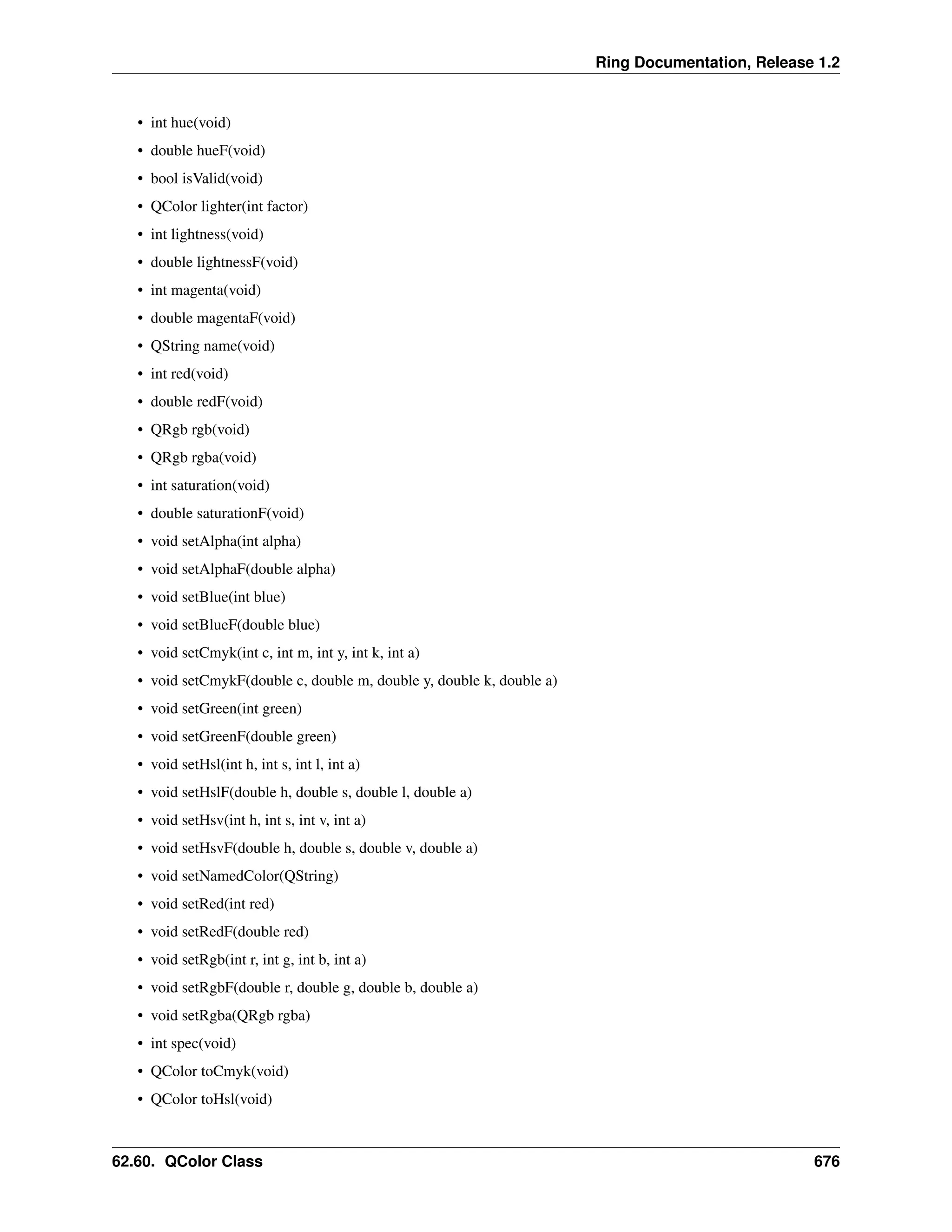 Ring Documentation, Release 1.2 • int hue(void) • double hueF(void) • bool isValid(void) • QColor lighter(int factor) • int lightness(void) • double lightnessF(void) • int magenta(void) • double magentaF(void) • QString name(void) • int red(void) • double redF(void) • QRgb rgb(void) • QRgb rgba(void) • int saturation(void) • double saturationF(void) • void setAlpha(int alpha) • void setAlphaF(double alpha) • void setBlue(int blue) • void setBlueF(double blue) • void setCmyk(int c, int m, int y, int k, int a) • void setCmykF(double c, double m, double y, double k, double a) • void setGreen(int green) • void setGreenF(double green) • void setHsl(int h, int s, int l, int a) • void setHslF(double h, double s, double l, double a) • void setHsv(int h, int s, int v, int a) • void setHsvF(double h, double s, double v, double a) • void setNamedColor(QString) • void setRed(int red) • void setRedF(double red) • void setRgb(int r, int g, int b, int a) • void setRgbF(double r, double g, double b, double a) • void setRgba(QRgb rgba) • int spec(void) • QColor toCmyk(void) • QColor toHsl(void) 62.60. QColor Class 676 