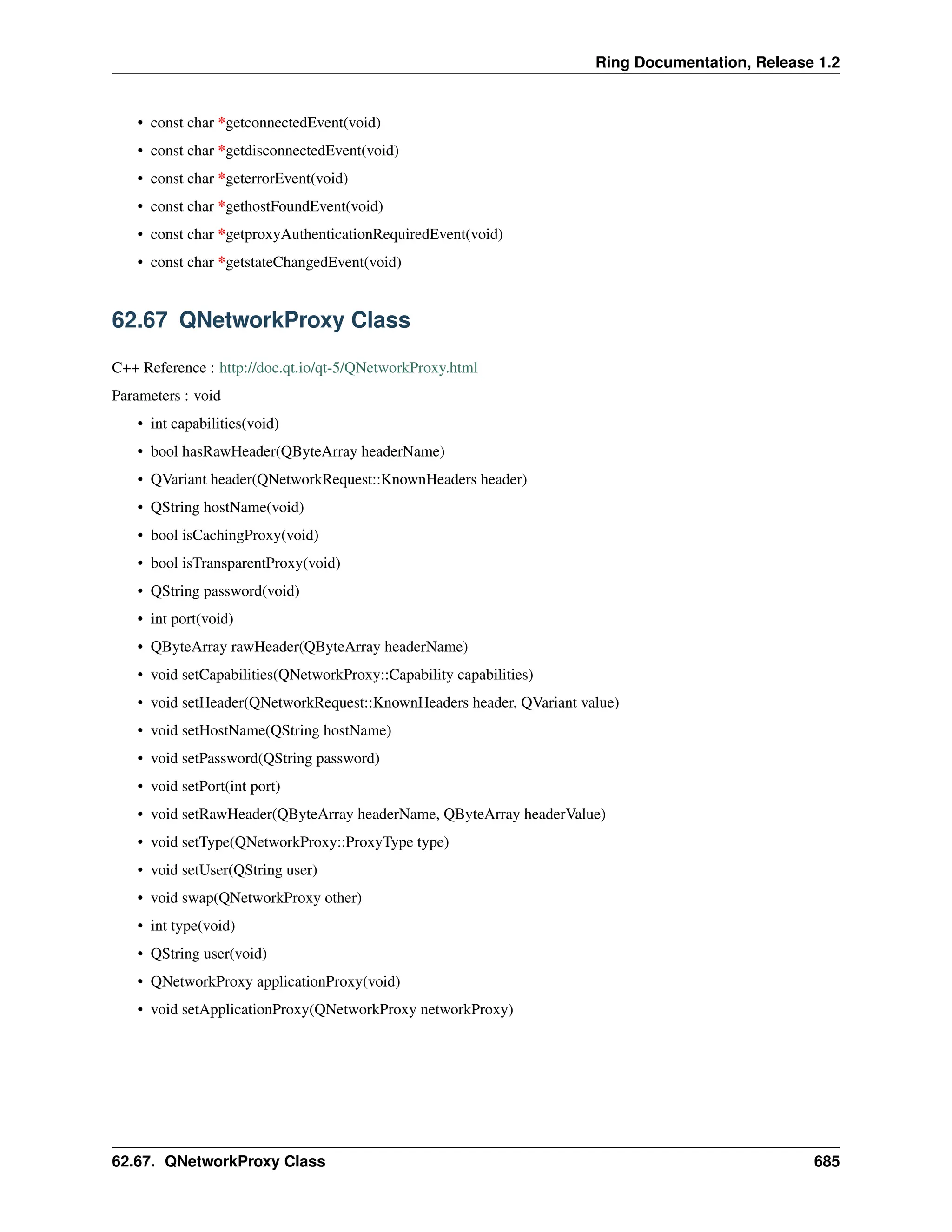 Ring Documentation, Release 1.2 • const char *getconnectedEvent(void) • const char *getdisconnectedEvent(void) • const char *geterrorEvent(void) • const char *gethostFoundEvent(void) • const char *getproxyAuthenticationRequiredEvent(void) • const char *getstateChangedEvent(void) 62.67 QNetworkProxy Class C++ Reference : http://doc.qt.io/qt-5/QNetworkProxy.html Parameters : void • int capabilities(void) • bool hasRawHeader(QByteArray headerName) • QVariant header(QNetworkRequest::KnownHeaders header) • QString hostName(void) • bool isCachingProxy(void) • bool isTransparentProxy(void) • QString password(void) • int port(void) • QByteArray rawHeader(QByteArray headerName) • void setCapabilities(QNetworkProxy::Capability capabilities) • void setHeader(QNetworkRequest::KnownHeaders header, QVariant value) • void setHostName(QString hostName) • void setPassword(QString password) • void setPort(int port) • void setRawHeader(QByteArray headerName, QByteArray headerValue) • void setType(QNetworkProxy::ProxyType type) • void setUser(QString user) • void swap(QNetworkProxy other) • int type(void) • QString user(void) • QNetworkProxy applicationProxy(void) • void setApplicationProxy(QNetworkProxy networkProxy) 62.67. QNetworkProxy Class 685 