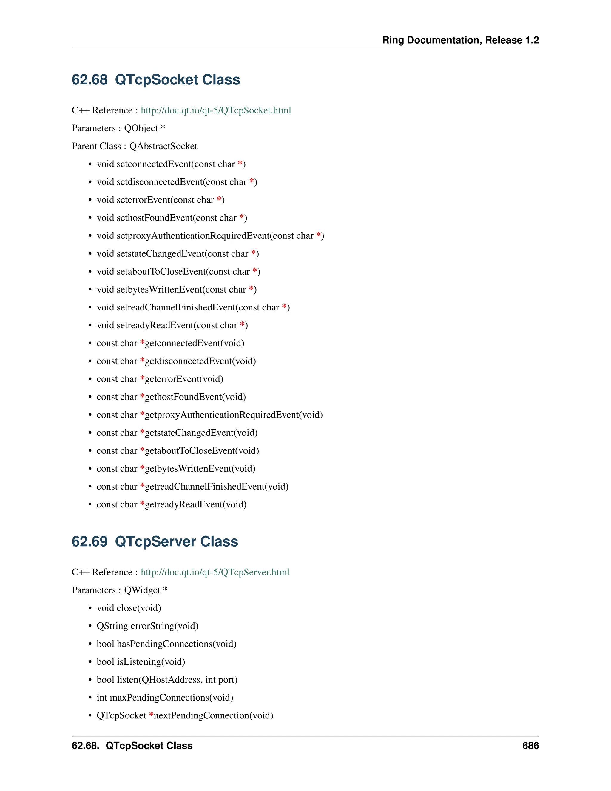 Ring Documentation, Release 1.2 62.68 QTcpSocket Class C++ Reference : http://doc.qt.io/qt-5/QTcpSocket.html Parameters : QObject * Parent Class : QAbstractSocket • void setconnectedEvent(const char *) • void setdisconnectedEvent(const char *) • void seterrorEvent(const char *) • void sethostFoundEvent(const char *) • void setproxyAuthenticationRequiredEvent(const char *) • void setstateChangedEvent(const char *) • void setaboutToCloseEvent(const char *) • void setbytesWrittenEvent(const char *) • void setreadChannelFinishedEvent(const char *) • void setreadyReadEvent(const char *) • const char *getconnectedEvent(void) • const char *getdisconnectedEvent(void) • const char *geterrorEvent(void) • const char *gethostFoundEvent(void) • const char *getproxyAuthenticationRequiredEvent(void) • const char *getstateChangedEvent(void) • const char *getaboutToCloseEvent(void) • const char *getbytesWrittenEvent(void) • const char *getreadChannelFinishedEvent(void) • const char *getreadyReadEvent(void) 62.69 QTcpServer Class C++ Reference : http://doc.qt.io/qt-5/QTcpServer.html Parameters : QWidget * • void close(void) • QString errorString(void) • bool hasPendingConnections(void) • bool isListening(void) • bool listen(QHostAddress, int port) • int maxPendingConnections(void) • QTcpSocket *nextPendingConnection(void) 62.68. QTcpSocket Class 686 