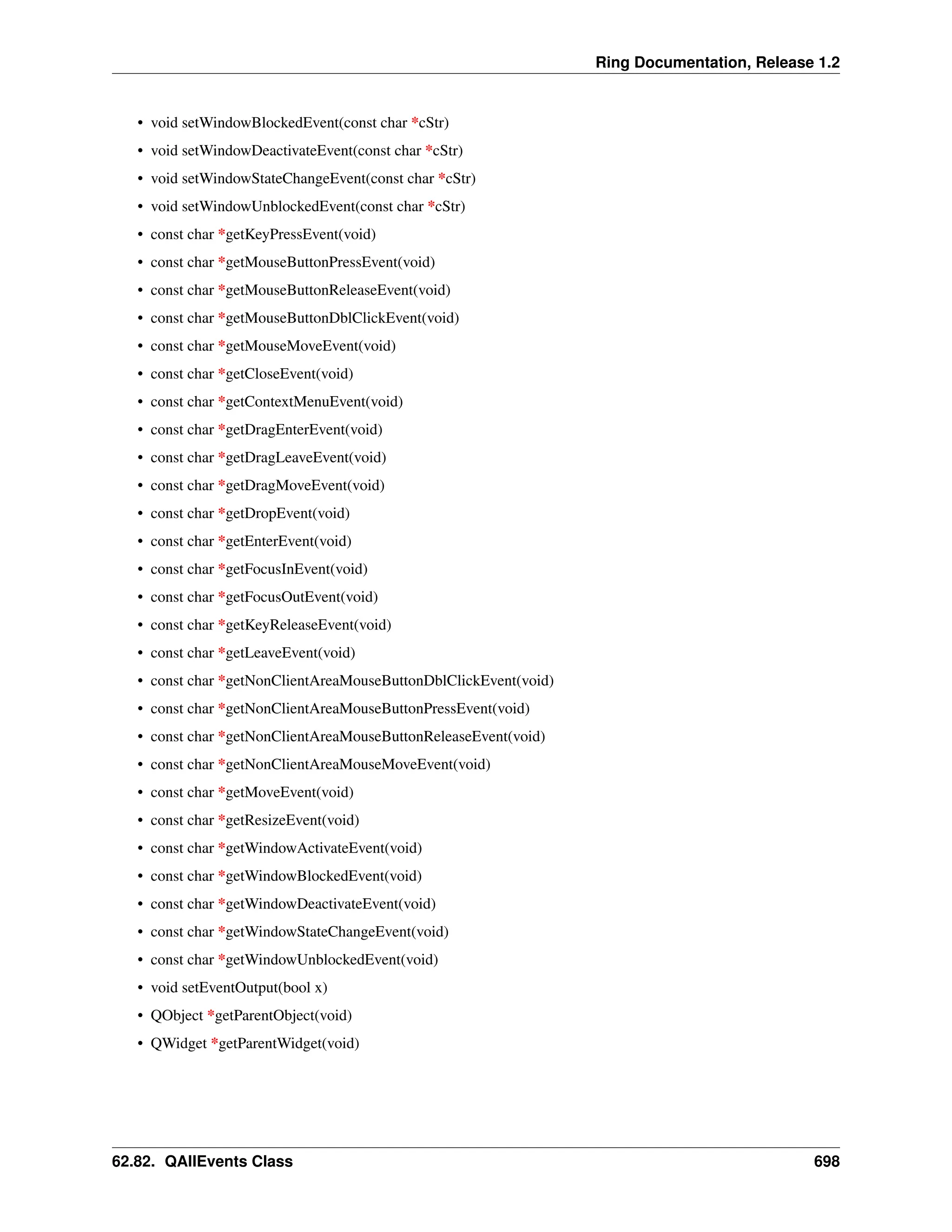 Ring Documentation, Release 1.2 • void setWindowBlockedEvent(const char *cStr) • void setWindowDeactivateEvent(const char *cStr) • void setWindowStateChangeEvent(const char *cStr) • void setWindowUnblockedEvent(const char *cStr) • const char *getKeyPressEvent(void) • const char *getMouseButtonPressEvent(void) • const char *getMouseButtonReleaseEvent(void) • const char *getMouseButtonDblClickEvent(void) • const char *getMouseMoveEvent(void) • const char *getCloseEvent(void) • const char *getContextMenuEvent(void) • const char *getDragEnterEvent(void) • const char *getDragLeaveEvent(void) • const char *getDragMoveEvent(void) • const char *getDropEvent(void) • const char *getEnterEvent(void) • const char *getFocusInEvent(void) • const char *getFocusOutEvent(void) • const char *getKeyReleaseEvent(void) • const char *getLeaveEvent(void) • const char *getNonClientAreaMouseButtonDblClickEvent(void) • const char *getNonClientAreaMouseButtonPressEvent(void) • const char *getNonClientAreaMouseButtonReleaseEvent(void) • const char *getNonClientAreaMouseMoveEvent(void) • const char *getMoveEvent(void) • const char *getResizeEvent(void) • const char *getWindowActivateEvent(void) • const char *getWindowBlockedEvent(void) • const char *getWindowDeactivateEvent(void) • const char *getWindowStateChangeEvent(void) • const char *getWindowUnblockedEvent(void) • void setEventOutput(bool x) • QObject *getParentObject(void) • QWidget *getParentWidget(void) 62.82. QAllEvents Class 698 