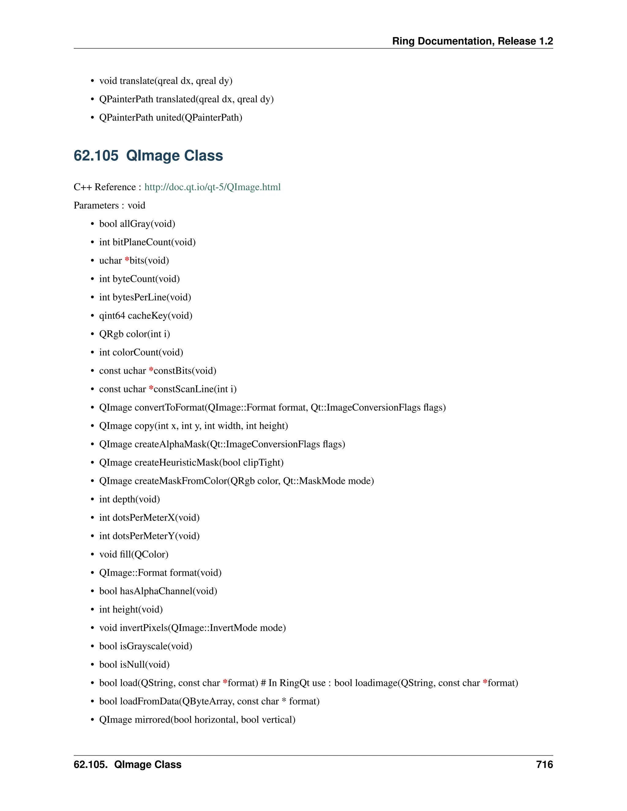 Ring Documentation, Release 1.2 • void translate(qreal dx, qreal dy) • QPainterPath translated(qreal dx, qreal dy) • QPainterPath united(QPainterPath) 62.105 QImage Class C++ Reference : http://doc.qt.io/qt-5/QImage.html Parameters : void • bool allGray(void) • int bitPlaneCount(void) • uchar *bits(void) • int byteCount(void) • int bytesPerLine(void) • qint64 cacheKey(void) • QRgb color(int i) • int colorCount(void) • const uchar *constBits(void) • const uchar *constScanLine(int i) • QImage convertToFormat(QImage::Format format, Qt::ImageConversionFlags flags) • QImage copy(int x, int y, int width, int height) • QImage createAlphaMask(Qt::ImageConversionFlags flags) • QImage createHeuristicMask(bool clipTight) • QImage createMaskFromColor(QRgb color, Qt::MaskMode mode) • int depth(void) • int dotsPerMeterX(void) • int dotsPerMeterY(void) • void fill(QColor) • QImage::Format format(void) • bool hasAlphaChannel(void) • int height(void) • void invertPixels(QImage::InvertMode mode) • bool isGrayscale(void) • bool isNull(void) • bool load(QString, const char *format) # In RingQt use : bool loadimage(QString, const char *format) • bool loadFromData(QByteArray, const char * format) • QImage mirrored(bool horizontal, bool vertical) 62.105. QImage Class 716 