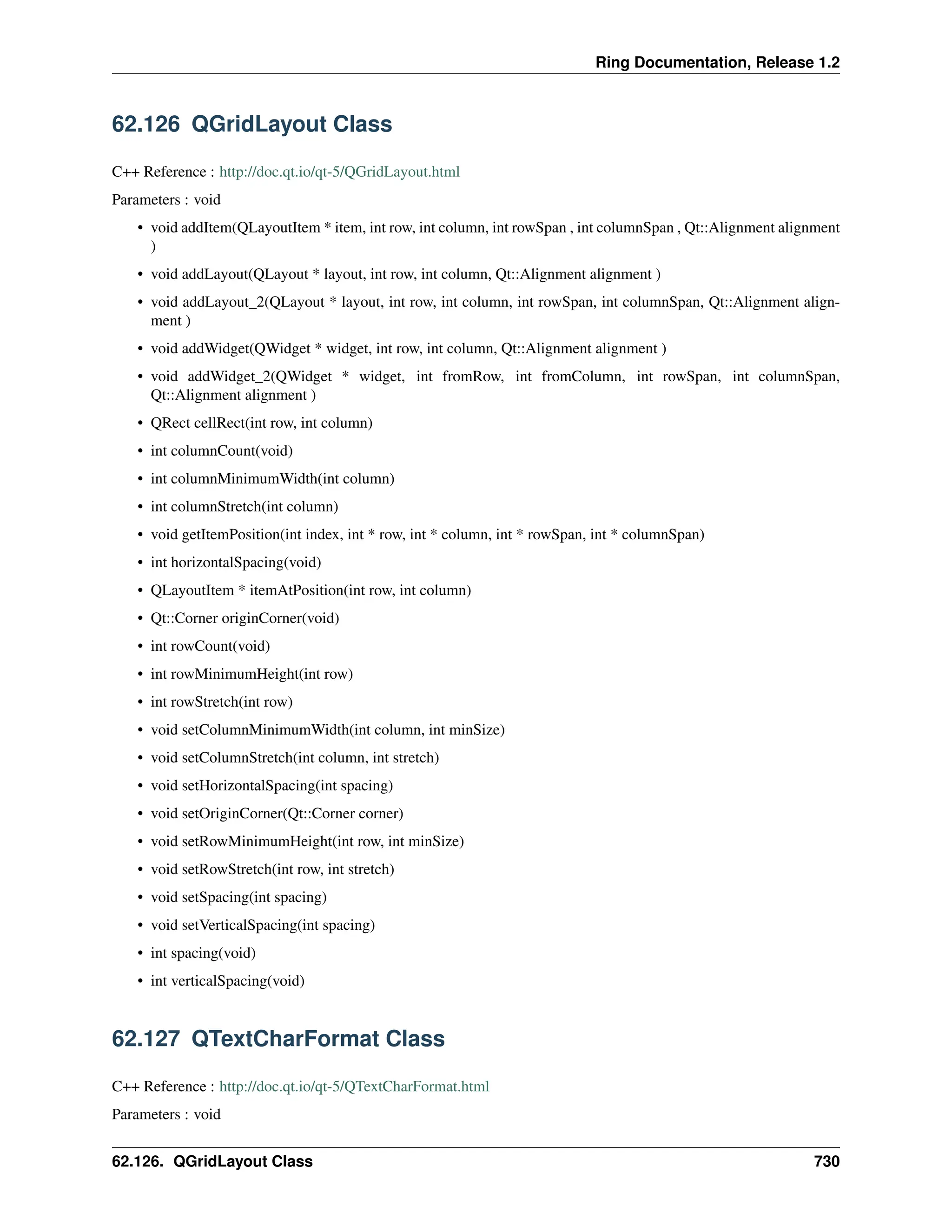 Ring Documentation, Release 1.2 62.126 QGridLayout Class C++ Reference : http://doc.qt.io/qt-5/QGridLayout.html Parameters : void • void addItem(QLayoutItem * item, int row, int column, int rowSpan , int columnSpan , Qt::Alignment alignment ) • void addLayout(QLayout * layout, int row, int column, Qt::Alignment alignment ) • void addLayout_2(QLayout * layout, int row, int column, int rowSpan, int columnSpan, Qt::Alignment align- ment ) • void addWidget(QWidget * widget, int row, int column, Qt::Alignment alignment ) • void addWidget_2(QWidget * widget, int fromRow, int fromColumn, int rowSpan, int columnSpan, Qt::Alignment alignment ) • QRect cellRect(int row, int column) • int columnCount(void) • int columnMinimumWidth(int column) • int columnStretch(int column) • void getItemPosition(int index, int * row, int * column, int * rowSpan, int * columnSpan) • int horizontalSpacing(void) • QLayoutItem * itemAtPosition(int row, int column) • Qt::Corner originCorner(void) • int rowCount(void) • int rowMinimumHeight(int row) • int rowStretch(int row) • void setColumnMinimumWidth(int column, int minSize) • void setColumnStretch(int column, int stretch) • void setHorizontalSpacing(int spacing) • void setOriginCorner(Qt::Corner corner) • void setRowMinimumHeight(int row, int minSize) • void setRowStretch(int row, int stretch) • void setSpacing(int spacing) • void setVerticalSpacing(int spacing) • int spacing(void) • int verticalSpacing(void) 62.127 QTextCharFormat Class C++ Reference : http://doc.qt.io/qt-5/QTextCharFormat.html Parameters : void 62.126. QGridLayout Class 730 