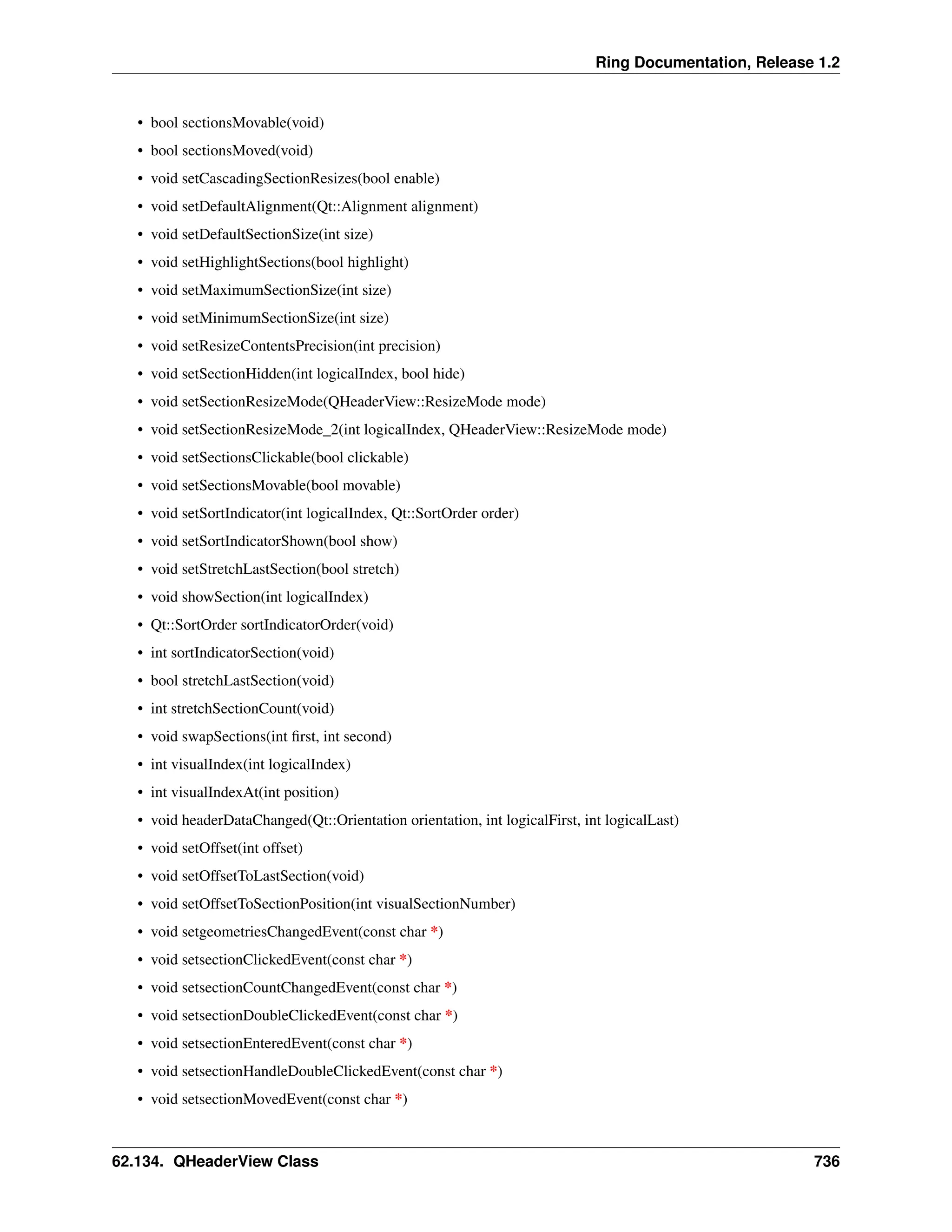 Ring Documentation, Release 1.2 • bool sectionsMovable(void) • bool sectionsMoved(void) • void setCascadingSectionResizes(bool enable) • void setDefaultAlignment(Qt::Alignment alignment) • void setDefaultSectionSize(int size) • void setHighlightSections(bool highlight) • void setMaximumSectionSize(int size) • void setMinimumSectionSize(int size) • void setResizeContentsPrecision(int precision) • void setSectionHidden(int logicalIndex, bool hide) • void setSectionResizeMode(QHeaderView::ResizeMode mode) • void setSectionResizeMode_2(int logicalIndex, QHeaderView::ResizeMode mode) • void setSectionsClickable(bool clickable) • void setSectionsMovable(bool movable) • void setSortIndicator(int logicalIndex, Qt::SortOrder order) • void setSortIndicatorShown(bool show) • void setStretchLastSection(bool stretch) • void showSection(int logicalIndex) • Qt::SortOrder sortIndicatorOrder(void) • int sortIndicatorSection(void) • bool stretchLastSection(void) • int stretchSectionCount(void) • void swapSections(int first, int second) • int visualIndex(int logicalIndex) • int visualIndexAt(int position) • void headerDataChanged(Qt::Orientation orientation, int logicalFirst, int logicalLast) • void setOffset(int offset) • void setOffsetToLastSection(void) • void setOffsetToSectionPosition(int visualSectionNumber) • void setgeometriesChangedEvent(const char *) • void setsectionClickedEvent(const char *) • void setsectionCountChangedEvent(const char *) • void setsectionDoubleClickedEvent(const char *) • void setsectionEnteredEvent(const char *) • void setsectionHandleDoubleClickedEvent(const char *) • void setsectionMovedEvent(const char *) 62.134. QHeaderView Class 736 