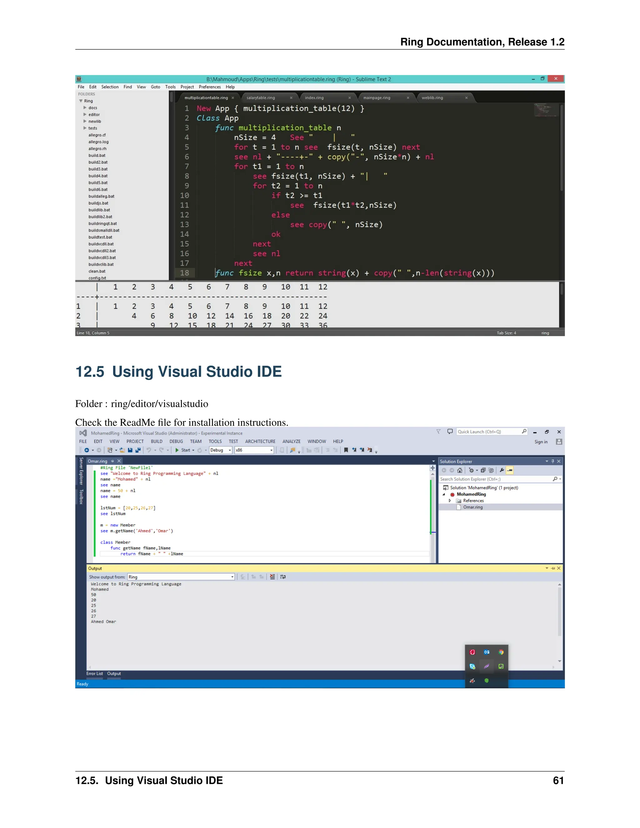 Ring Documentation, Release 1.2 12.5 Using Visual Studio IDE Folder : ring/editor/visualstudio Check the ReadMe file for installation instructions. 12.5. Using Visual Studio IDE 61 