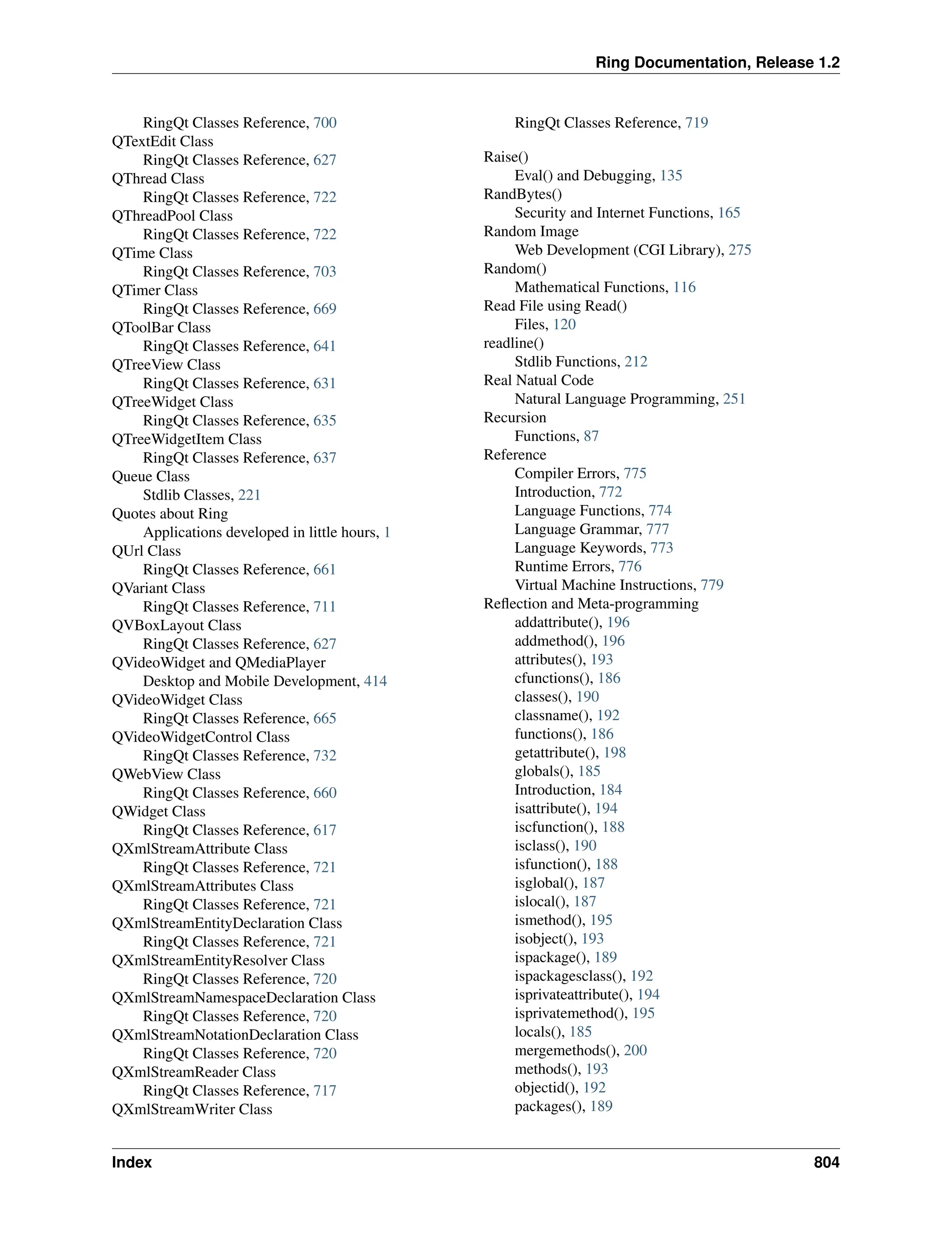 Ring Documentation, Release 1.2 RingQt Classes Reference, 700 QTextEdit Class RingQt Classes Reference, 627 QThread Class RingQt Classes Reference, 722 QThreadPool Class RingQt Classes Reference, 722 QTime Class RingQt Classes Reference, 703 QTimer Class RingQt Classes Reference, 669 QToolBar Class RingQt Classes Reference, 641 QTreeView Class RingQt Classes Reference, 631 QTreeWidget Class RingQt Classes Reference, 635 QTreeWidgetItem Class RingQt Classes Reference, 637 Queue Class Stdlib Classes, 221 Quotes about Ring Applications developed in little hours, 1 QUrl Class RingQt Classes Reference, 661 QVariant Class RingQt Classes Reference, 711 QVBoxLayout Class RingQt Classes Reference, 627 QVideoWidget and QMediaPlayer Desktop and Mobile Development, 414 QVideoWidget Class RingQt Classes Reference, 665 QVideoWidgetControl Class RingQt Classes Reference, 732 QWebView Class RingQt Classes Reference, 660 QWidget Class RingQt Classes Reference, 617 QXmlStreamAttribute Class RingQt Classes Reference, 721 QXmlStreamAttributes Class RingQt Classes Reference, 721 QXmlStreamEntityDeclaration Class RingQt Classes Reference, 721 QXmlStreamEntityResolver Class RingQt Classes Reference, 720 QXmlStreamNamespaceDeclaration Class RingQt Classes Reference, 720 QXmlStreamNotationDeclaration Class RingQt Classes Reference, 720 QXmlStreamReader Class RingQt Classes Reference, 717 QXmlStreamWriter Class RingQt Classes Reference, 719 Raise() Eval() and Debugging, 135 RandBytes() Security and Internet Functions, 165 Random Image Web Development (CGI Library), 275 Random() Mathematical Functions, 116 Read File using Read() Files, 120 readline() Stdlib Functions, 212 Real Natual Code Natural Language Programming, 251 Recursion Functions, 87 Reference Compiler Errors, 775 Introduction, 772 Language Functions, 774 Language Grammar, 777 Language Keywords, 773 Runtime Errors, 776 Virtual Machine Instructions, 779 Reflection and Meta-programming addattribute(), 196 addmethod(), 196 attributes(), 193 cfunctions(), 186 classes(), 190 classname(), 192 functions(), 186 getattribute(), 198 globals(), 185 Introduction, 184 isattribute(), 194 iscfunction(), 188 isclass(), 190 isfunction(), 188 isglobal(), 187 islocal(), 187 ismethod(), 195 isobject(), 193 ispackage(), 189 ispackagesclass(), 192 isprivateattribute(), 194 isprivatemethod(), 195 locals(), 185 mergemethods(), 200 methods(), 193 objectid(), 192 packages(), 189 Index 804 