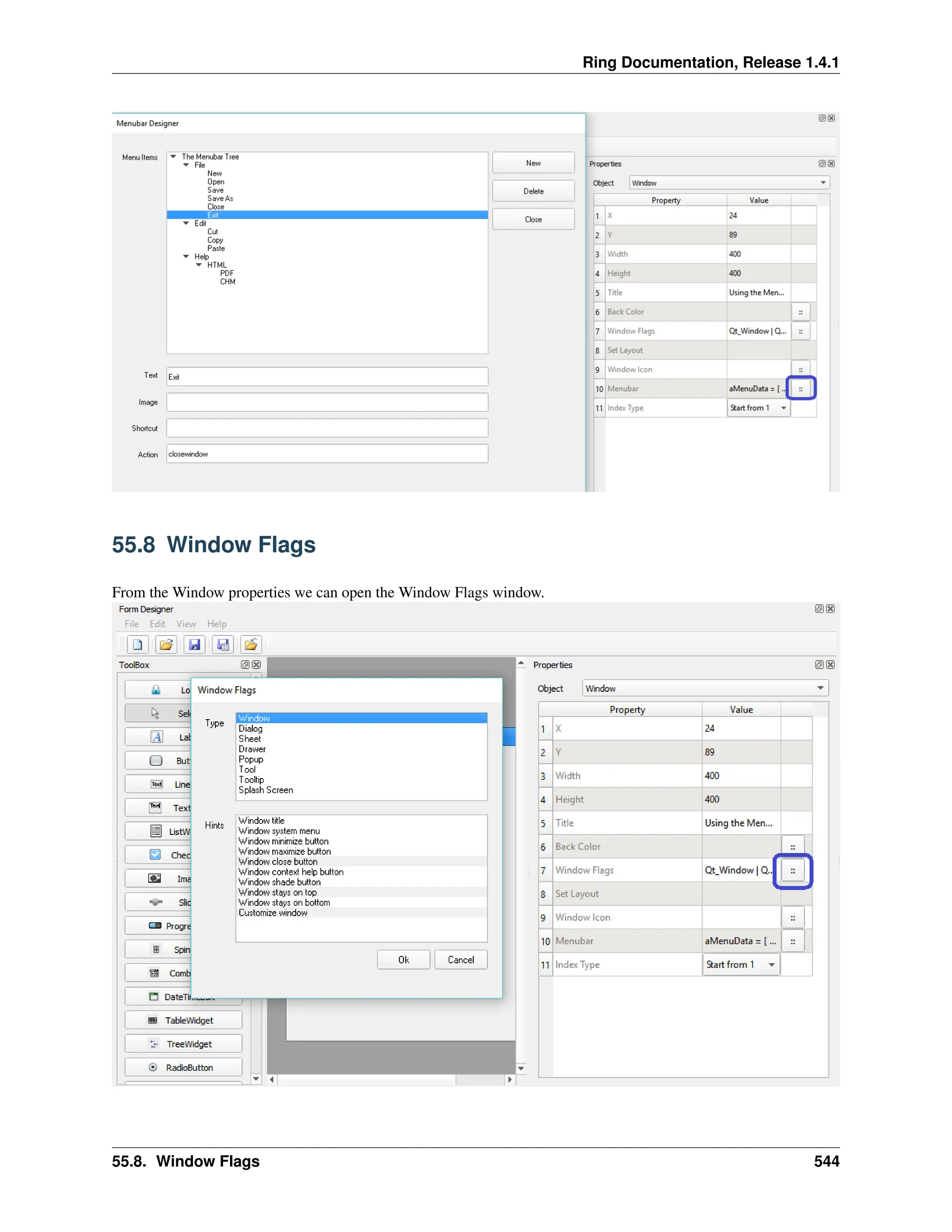 Ring Documentation, Release 1.4.1 55.8 Window Flags From the Window properties we can open the Window Flags window. 55.8. Window Flags 544 