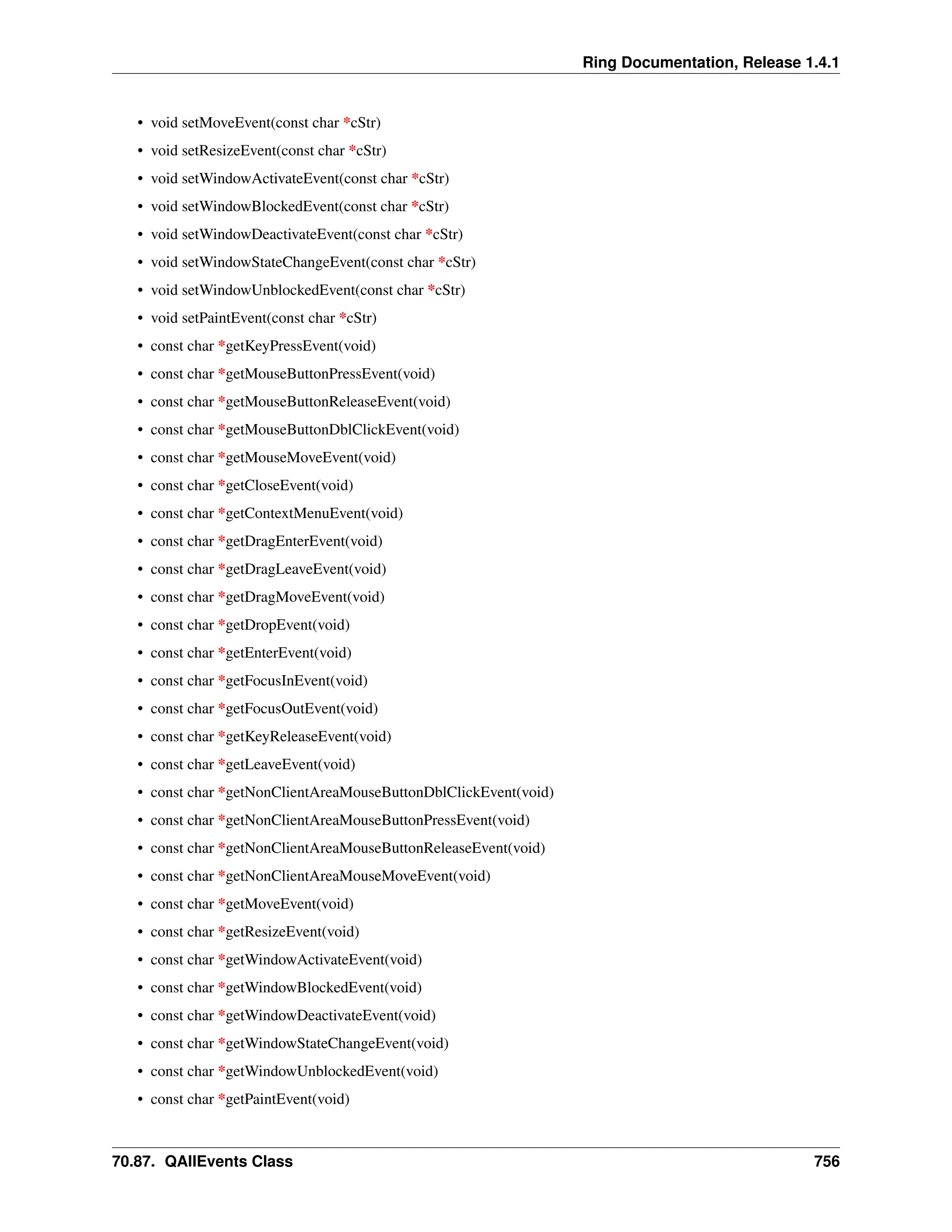 Ring Documentation, Release 1.4.1 • void setMoveEvent(const char *cStr) • void setResizeEvent(const char *cStr) • void setWindowActivateEvent(const char *cStr) • void setWindowBlockedEvent(const char *cStr) • void setWindowDeactivateEvent(const char *cStr) • void setWindowStateChangeEvent(const char *cStr) • void setWindowUnblockedEvent(const char *cStr) • void setPaintEvent(const char *cStr) • const char *getKeyPressEvent(void) • const char *getMouseButtonPressEvent(void) • const char *getMouseButtonReleaseEvent(void) • const char *getMouseButtonDblClickEvent(void) • const char *getMouseMoveEvent(void) • const char *getCloseEvent(void) • const char *getContextMenuEvent(void) • const char *getDragEnterEvent(void) • const char *getDragLeaveEvent(void) • const char *getDragMoveEvent(void) • const char *getDropEvent(void) • const char *getEnterEvent(void) • const char *getFocusInEvent(void) • const char *getFocusOutEvent(void) • const char *getKeyReleaseEvent(void) • const char *getLeaveEvent(void) • const char *getNonClientAreaMouseButtonDblClickEvent(void) • const char *getNonClientAreaMouseButtonPressEvent(void) • const char *getNonClientAreaMouseButtonReleaseEvent(void) • const char *getNonClientAreaMouseMoveEvent(void) • const char *getMoveEvent(void) • const char *getResizeEvent(void) • const char *getWindowActivateEvent(void) • const char *getWindowBlockedEvent(void) • const char *getWindowDeactivateEvent(void) • const char *getWindowStateChangeEvent(void) • const char *getWindowUnblockedEvent(void) • const char *getPaintEvent(void) 70.87. QAllEvents Class 756 