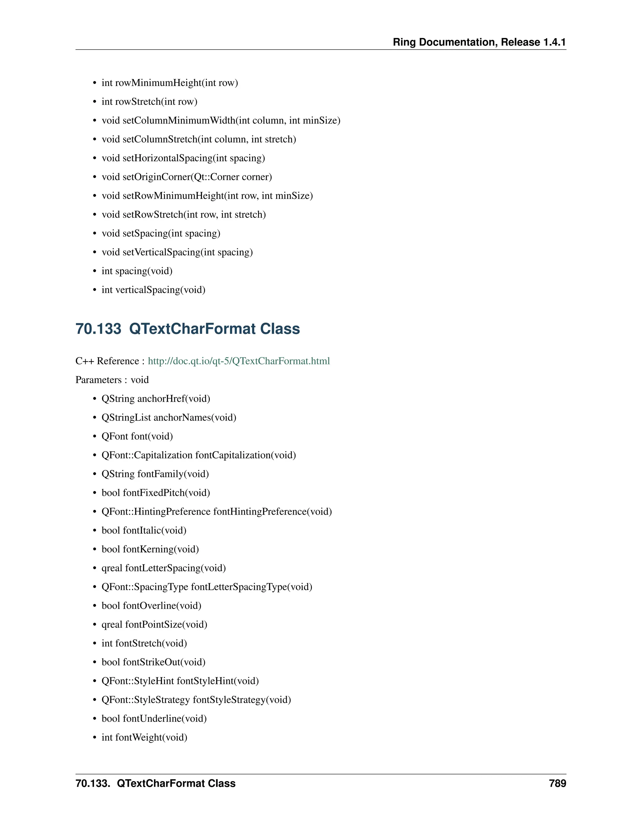 Ring Documentation, Release 1.4.1 • int rowMinimumHeight(int row) • int rowStretch(int row) • void setColumnMinimumWidth(int column, int minSize) • void setColumnStretch(int column, int stretch) • void setHorizontalSpacing(int spacing) • void setOriginCorner(Qt::Corner corner) • void setRowMinimumHeight(int row, int minSize) • void setRowStretch(int row, int stretch) • void setSpacing(int spacing) • void setVerticalSpacing(int spacing) • int spacing(void) • int verticalSpacing(void) 70.133 QTextCharFormat Class C++ Reference : http://doc.qt.io/qt-5/QTextCharFormat.html Parameters : void • QString anchorHref(void) • QStringList anchorNames(void) • QFont font(void) • QFont::Capitalization fontCapitalization(void) • QString fontFamily(void) • bool fontFixedPitch(void) • QFont::HintingPreference fontHintingPreference(void) • bool fontItalic(void) • bool fontKerning(void) • qreal fontLetterSpacing(void) • QFont::SpacingType fontLetterSpacingType(void) • bool fontOverline(void) • qreal fontPointSize(void) • int fontStretch(void) • bool fontStrikeOut(void) • QFont::StyleHint fontStyleHint(void) • QFont::StyleStrategy fontStyleStrategy(void) • bool fontUnderline(void) • int fontWeight(void) 70.133. QTextCharFormat Class 789 
