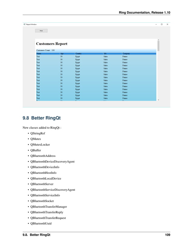 Ring Documentation, Release 1.10 9.8 Better RingQt New classes added to RingQt : • QStringRef • QMutex • QMutexLocker • QBuffer • QBluetoothAddress • QBluetoothDeviceDiscoveryAgent • QBluetoothDeviceInfo • QBluetoothHostInfo • QBluetoothLocalDevice • QBluetoothServer • QBluetoothServiceDiscoveryAgent • QBluetoothServiceInfo • QBluetoothSocket • QBluetoothTransferManager • QBluetoothTransferReply • QBluetoothTransferRequest • QBluetoothUuid 9.8. Better RingQt 109 