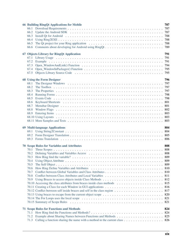 66 Building RingQt Applications for Mobile 787 66.1 Download Requirements . . . . . . . . . . . . . . . . . . . . . . . . . . . . . . . . . . . . . . . . . 787 66.2 Update the Android SDK . . . . . . . . . . . . . . . . . . . . . . . . . . . . . . . . . . . . . . . . 787 66.3 Install Qt for Android . . . . . . . . . . . . . . . . . . . . . . . . . . . . . . . . . . . . . . . . . . 788 66.4 Using Ring2EXE . . . . . . . . . . . . . . . . . . . . . . . . . . . . . . . . . . . . . . . . . . . . . 788 66.5 The Qt project for your Ring application . . . . . . . . . . . . . . . . . . . . . . . . . . . . . . . . 788 66.6 Comments about developing for Android using RingQt . . . . . . . . . . . . . . . . . . . . . . . . . 789 67 Objects Library for RingQt Application 791 67.1 Library Usage . . . . . . . . . . . . . . . . . . . . . . . . . . . . . . . . . . . . . . . . . . . . . . 791 67.2 Example . . . . . . . . . . . . . . . . . . . . . . . . . . . . . . . . . . . . . . . . . . . . . . . . . 791 67.3 Open_WindowAndLink() Function . . . . . . . . . . . . . . . . . . . . . . . . . . . . . . . . . . . 794 67.4 Open_WindowInPackages() Function . . . . . . . . . . . . . . . . . . . . . . . . . . . . . . . . . . 795 67.5 Objects Library Source Code . . . . . . . . . . . . . . . . . . . . . . . . . . . . . . . . . . . . . . 795 68 Using the Form Designer 796 68.1 The Designer Windows . . . . . . . . . . . . . . . . . . . . . . . . . . . . . . . . . . . . . . . . . 797 68.2 The Toolbox . . . . . . . . . . . . . . . . . . . . . . . . . . . . . . . . . . . . . . . . . . . . . . . 797 68.3 The Properties . . . . . . . . . . . . . . . . . . . . . . . . . . . . . . . . . . . . . . . . . . . . . . 797 68.4 Running Forms . . . . . . . . . . . . . . . . . . . . . . . . . . . . . . . . . . . . . . . . . . . . . . 798 68.5 Events Code . . . . . . . . . . . . . . . . . . . . . . . . . . . . . . . . . . . . . . . . . . . . . . . 798 68.6 Keyboard Shortcuts . . . . . . . . . . . . . . . . . . . . . . . . . . . . . . . . . . . . . . . . . . . 801 68.7 Menubar Designer . . . . . . . . . . . . . . . . . . . . . . . . . . . . . . . . . . . . . . . . . . . . 801 68.8 Window Flags . . . . . . . . . . . . . . . . . . . . . . . . . . . . . . . . . . . . . . . . . . . . . . 802 68.9 Entering Items . . . . . . . . . . . . . . . . . . . . . . . . . . . . . . . . . . . . . . . . . . . . . . 803 68.10 Using Layouts . . . . . . . . . . . . . . . . . . . . . . . . . . . . . . . . . . . . . . . . . . . . . . 803 68.11 More Samples and Tests . . . . . . . . . . . . . . . . . . . . . . . . . . . . . . . . . . . . . . . . . 803 69 Multi-language Applications 804 69.1 Using String2Constant . . . . . . . . . . . . . . . . . . . . . . . . . . . . . . . . . . . . . . . . . . 804 69.2 Form Designer Translation . . . . . . . . . . . . . . . . . . . . . . . . . . . . . . . . . . . . . . . . 805 69.3 Forms Translation . . . . . . . . . . . . . . . . . . . . . . . . . . . . . . . . . . . . . . . . . . . . 806 70 Scope Rules for Variables and Attributes 808 70.1 Three Scopes . . . . . . . . . . . . . . . . . . . . . . . . . . . . . . . . . . . . . . . . . . . . . . . 808 70.2 Defining Variables and Variables Access . . . . . . . . . . . . . . . . . . . . . . . . . . . . . . . . 808 70.3 How Ring find the variable? . . . . . . . . . . . . . . . . . . . . . . . . . . . . . . . . . . . . . . . 809 70.4 Using Object.Attribute . . . . . . . . . . . . . . . . . . . . . . . . . . . . . . . . . . . . . . . . . . 809 70.5 The Self Object . . . . . . . . . . . . . . . . . . . . . . . . . . . . . . . . . . . . . . . . . . . . . . 809 70.6 How Ring Define Variables and Attributes . . . . . . . . . . . . . . . . . . . . . . . . . . . . . . . 810 70.7 Conflict between Global Variables and Class Attributes . . . . . . . . . . . . . . . . . . . . . . . . . 810 70.8 Conflict between Class Attributes and Local Variables . . . . . . . . . . . . . . . . . . . . . . . . . 811 70.9 Using Braces to access objects inside Class Methods . . . . . . . . . . . . . . . . . . . . . . . . . . 812 70.10 Accessing the class attributes from braces inside class methods . . . . . . . . . . . . . . . . . . . . 815 70.11 Creating a Class for each Window in GUI applications . . . . . . . . . . . . . . . . . . . . . . . . . 816 70.12 Conflict between self inside braces and self in the class region . . . . . . . . . . . . . . . . . . . . . 817 70.13 Using braces to escape from the current object scope . . . . . . . . . . . . . . . . . . . . . . . . . . 820 70.14 The For Loops uses the local scope . . . . . . . . . . . . . . . . . . . . . . . . . . . . . . . . . . . 821 70.15 Summary of Scope Rules . . . . . . . . . . . . . . . . . . . . . . . . . . . . . . . . . . . . . . . . 821 71 Scope Rules for Functions and Methods 824 71.1 How Ring find the Functions and Methods? . . . . . . . . . . . . . . . . . . . . . . . . . . . . . . . 824 71.2 Example about Sharing Names between Functions and Methods . . . . . . . . . . . . . . . . . . . . 825 71.3 Calling a function sharing the name with a method in the current class . . . . . . . . . . . . . . . . . 826 xix 