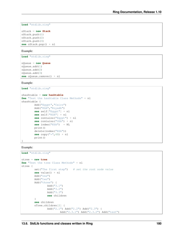 Ring Documentation, Release 1.10 Load "stdlib.ring" oStack = new Stack oStack.push(1) oStack.push(2) oStack.push(3) see oStack.pop() + nl Example: Load "stdlib.ring" oQueue = new Queue oQueue.add(1) oQueue.add(2) oQueue.add(3) see oQueue.remove() + nl Example: Load "stdlib.ring" ohashtable = new hashtable See "Test the hashtable Class Methods" + nl ohashtable { Add("Egypt","Cairo") Add("KSA","Riyadh") see self["Egypt"] + nl see self["KSA"] + nl see contains("Egypt") + nl see contains("USA") + nl see index("KSA") + NL print() delete(index("KSA")) see copy("*",60) + nl print() } Example: Load "stdlib.ring" otree = new tree See "Test the tree Class Methods" + nl otree { set("The first step") # set the root node value see value() + nl Add("one") Add("two") Add("three") { Add("3.1") Add("3.2") Add("3.3") see children } see children oTree.children[2] { Add("2.1") Add("2.2") Add("2.3") { Add("2.3.1") Add("2.3.2") Add("test") 13.6. StdLib functions and classes written in Ring 180 