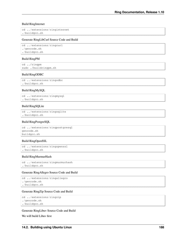 Ring Documentation, Release 1.10 Build RingInternet cd ../extensions/ringinternet ./buildgcc.sh Generate RingLibCurl Source Code and Build cd ../extensions/ringcurl ./gencode.sh ./buildgcc.sh Build RingPM cd ../ringpm sudo ./buildringpm.sh Build RingODBC cd ../extensions/ringodbc ./buildgcc.sh Build RingMySQL cd ../extensions/ringmysql ./buildgcc.sh Build RingSQLite cd ../extensions/ringsqlite ./buildgcc.sh Build RingPostgreSQL cd ../extensions/ringpostgresql gencode.sh buildgcc.sh Build RingOpenSSL cd ../extensions/ringopenssl ./buildgcc.sh Build RingMurmurHash cd ../extensions/ringmurmurhash ./buildgcc.sh Generate RingAllegro Source Code and Build cd ../extensions/ringallegro ./gencode.sh ./buildgcc.sh Generate RingZip Source Code and Build cd ../extensions/ringzip ./gencode.sh ./buildgcc.sh Generate RingLibuv Source Code and Build We will build Libuv first 14.2. Building using Ubuntu Linux 188 