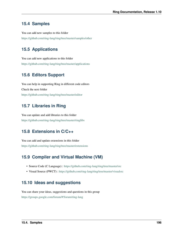 Ring Documentation, Release 1.10 15.4 Samples You can add new samples to this folder https://github.com/ring-lang/ring/tree/master/samples/other 15.5 Applications You can add new applications to this folder https://github.com/ring-lang/ring/tree/master/applications 15.6 Editors Support You can help in supporting Ring in different code editors Check the next folder https://github.com/ring-lang/ring/tree/master/editor 15.7 Libraries in Ring You can update and add libraries to this folder https://github.com/ring-lang/ring/tree/master/ringlibs 15.8 Extensions in C/C++ You can add and update extensions in this folder https://github.com/ring-lang/ring/tree/master/extensions 15.9 Compiler and Virtual Machine (VM) • Source Code (C Language) : https://github.com/ring-lang/ring/tree/master/src • Visual Source (PWCT) : https://github.com/ring-lang/ring/tree/master/visualsrc 15.10 Ideas and suggestions You can share your ideas, suggestions and questions in this group https://groups.google.com/forum/#!forum/ring-lang 15.4. Samples 196 