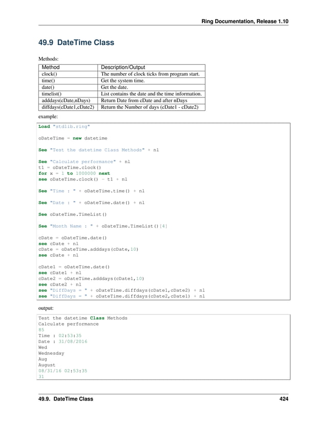 Ring Documentation, Release 1.10 49.9 DateTime Class Methods: Method Description/Output clock() The number of clock ticks from program start. time() Get the system time. date() Get the date. timelist() List contains the date and the time information. adddays(cDate,nDays) Return Date from cDate and after nDays diffdays(cDate1,cDate2) Return the Number of days (cDate1 - cDate2) example: Load "stdlib.ring" oDateTime = new datetime See "Test the datetime Class Methods" + nl See "Calculate performance" + nl t1 = oDateTime.clock() for x = 1 to 1000000 next see oDateTime.clock() - t1 + nl See "Time : " + oDateTime.time() + nl See "Date : " + oDateTime.date() + nl See oDateTime.TimeList() See "Month Name : " + oDateTime.TimeList()[4] cDate = oDateTime.date() see cDate + nl cDate = oDateTime.adddays(cDate,10) see cDate + nl cDate1 = oDateTime.date() see cDate1 + nl cDate2 = oDateTime.adddays(cDate1,10) see cDate2 + nl see "DiffDays = " + oDateTime.diffdays(cDate1,cDate2) + nl see "DiffDays = " + oDateTime.diffdays(cDate2,cDate1) + nl output: Test the datetime Class Methods Calculate performance 85 Time : 02:53:35 Date : 31/08/2016 Wed Wednesday Aug August 08/31/16 02:53:35 31 49.9. DateTime Class 424 
