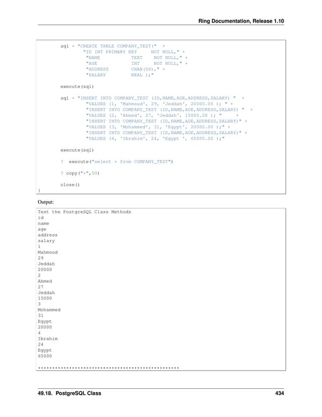 Ring Documentation, Release 1.10 sql = "CREATE TABLE COMPANY_TEST(" + "ID INT PRIMARY KEY NOT NULL," + "NAME TEXT NOT NULL," + "AGE INT NOT NULL," + "ADDRESS CHAR(50)," + "SALARY REAL );" execute(sql) sql = "INSERT INTO COMPANY_TEST (ID,NAME,AGE,ADDRESS,SALARY) " + "VALUES (1, 'Mahmoud', 29, 'Jeddah', 20000.00 ); " + "INSERT INTO COMPANY_TEST (ID,NAME,AGE,ADDRESS,SALARY) " + "VALUES (2, 'Ahmed', 27, 'Jeddah', 15000.00 ); " + "INSERT INTO COMPANY_TEST (ID,NAME,AGE,ADDRESS,SALARY)" + "VALUES (3, 'Mohammed', 31, 'Egypt', 20000.00 );" + "INSERT INTO COMPANY_TEST (ID,NAME,AGE,ADDRESS,SALARY)" + "VALUES (4, 'Ibrahim', 24, 'Egypt ', 65000.00 );" execute(sql) ? execute("select * from COMPANY_TEST") ? copy("*",50) close() } Output: Test the PostgreSQL Class Methods id name age address salary 1 Mahmoud 29 Jeddah 20000 2 Ahmed 27 Jeddah 15000 3 Mohammed 31 Egypt 20000 4 Ibrahim 24 Egypt 65000 ************************************************** 49.18. PostgreSQL Class 434 