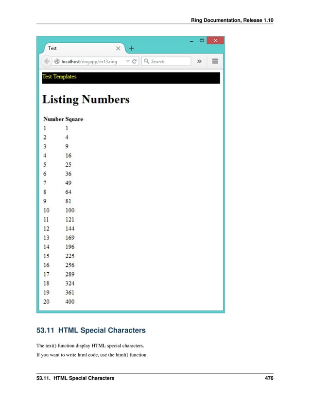 Ring Documentation, Release 1.10 53.11 HTML Special Characters The text() function display HTML special characters. If you want to write html code, use the html() function. 53.11. HTML Special Characters 476 