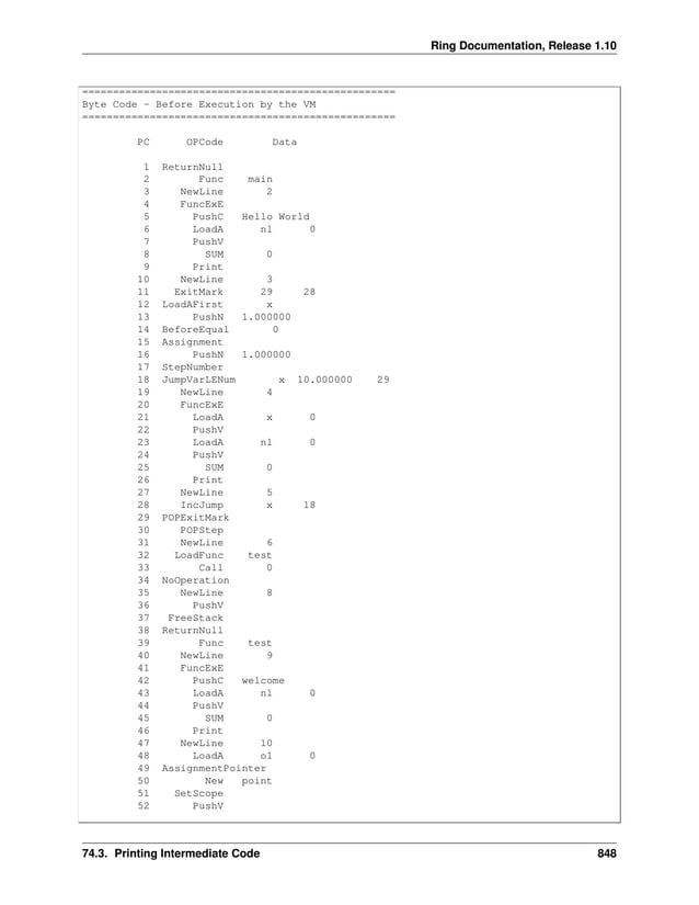 Ring Documentation, Release 1.10 =================================================== Byte Code - Before Execution by the VM =================================================== PC OPCode Data 1 ReturnNull 2 Func main 3 NewLine 2 4 FuncExE 5 PushC Hello World 6 LoadA nl 0 7 PushV 8 SUM 0 9 Print 10 NewLine 3 11 ExitMark 29 28 12 LoadAFirst x 13 PushN 1.000000 14 BeforeEqual 0 15 Assignment 16 PushN 1.000000 17 StepNumber 18 JumpVarLENum x 10.000000 29 19 NewLine 4 20 FuncExE 21 LoadA x 0 22 PushV 23 LoadA nl 0 24 PushV 25 SUM 0 26 Print 27 NewLine 5 28 IncJump x 18 29 POPExitMark 30 POPStep 31 NewLine 6 32 LoadFunc test 33 Call 0 34 NoOperation 35 NewLine 8 36 PushV 37 FreeStack 38 ReturnNull 39 Func test 40 NewLine 9 41 FuncExE 42 PushC welcome 43 LoadA nl 0 44 PushV 45 SUM 0 46 Print 47 NewLine 10 48 LoadA o1 0 49 AssignmentPointer 50 New point 51 SetScope 52 PushV 74.3. Printing Intermediate Code 848 