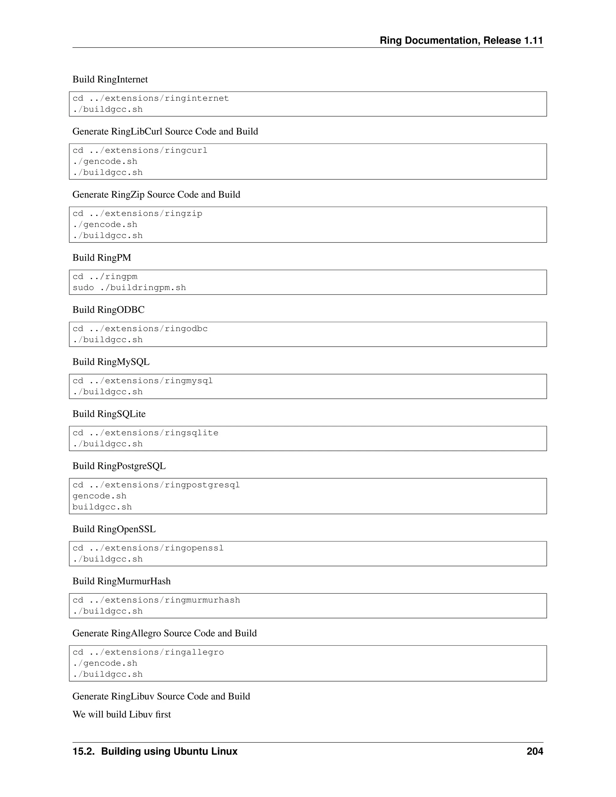 Ring Documentation, Release 1.11 Build RingInternet cd ../extensions/ringinternet ./buildgcc.sh Generate RingLibCurl Source Code and Build cd ../extensions/ringcurl ./gencode.sh ./buildgcc.sh Generate RingZip Source Code and Build cd ../extensions/ringzip ./gencode.sh ./buildgcc.sh Build RingPM cd ../ringpm sudo ./buildringpm.sh Build RingODBC cd ../extensions/ringodbc ./buildgcc.sh Build RingMySQL cd ../extensions/ringmysql ./buildgcc.sh Build RingSQLite cd ../extensions/ringsqlite ./buildgcc.sh Build RingPostgreSQL cd ../extensions/ringpostgresql gencode.sh buildgcc.sh Build RingOpenSSL cd ../extensions/ringopenssl ./buildgcc.sh Build RingMurmurHash cd ../extensions/ringmurmurhash ./buildgcc.sh Generate RingAllegro Source Code and Build cd ../extensions/ringallegro ./gencode.sh ./buildgcc.sh Generate RingLibuv Source Code and Build We will build Libuv first 15.2. Building using Ubuntu Linux 204 