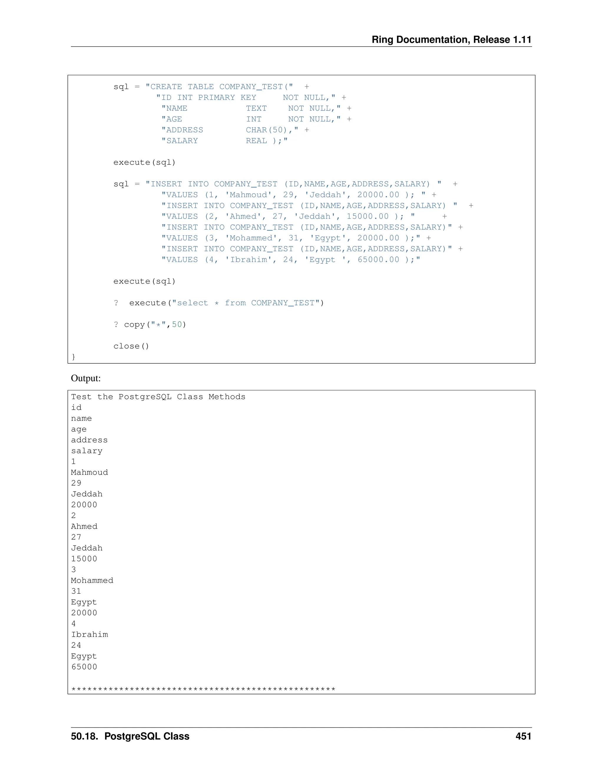 Ring Documentation, Release 1.11 sql = "CREATE TABLE COMPANY_TEST(" + "ID INT PRIMARY KEY NOT NULL," + "NAME TEXT NOT NULL," + "AGE INT NOT NULL," + "ADDRESS CHAR(50)," + "SALARY REAL );" execute(sql) sql = "INSERT INTO COMPANY_TEST (ID,NAME,AGE,ADDRESS,SALARY) " + "VALUES (1, 'Mahmoud', 29, 'Jeddah', 20000.00 ); " + "INSERT INTO COMPANY_TEST (ID,NAME,AGE,ADDRESS,SALARY) " + "VALUES (2, 'Ahmed', 27, 'Jeddah', 15000.00 ); " + "INSERT INTO COMPANY_TEST (ID,NAME,AGE,ADDRESS,SALARY)" + "VALUES (3, 'Mohammed', 31, 'Egypt', 20000.00 );" + "INSERT INTO COMPANY_TEST (ID,NAME,AGE,ADDRESS,SALARY)" + "VALUES (4, 'Ibrahim', 24, 'Egypt ', 65000.00 );" execute(sql) ? execute("select * from COMPANY_TEST") ? copy("*",50) close() } Output: Test the PostgreSQL Class Methods id name age address salary 1 Mahmoud 29 Jeddah 20000 2 Ahmed 27 Jeddah 15000 3 Mohammed 31 Egypt 20000 4 Ibrahim 24 Egypt 65000 ************************************************** 50.18. PostgreSQL Class 451 