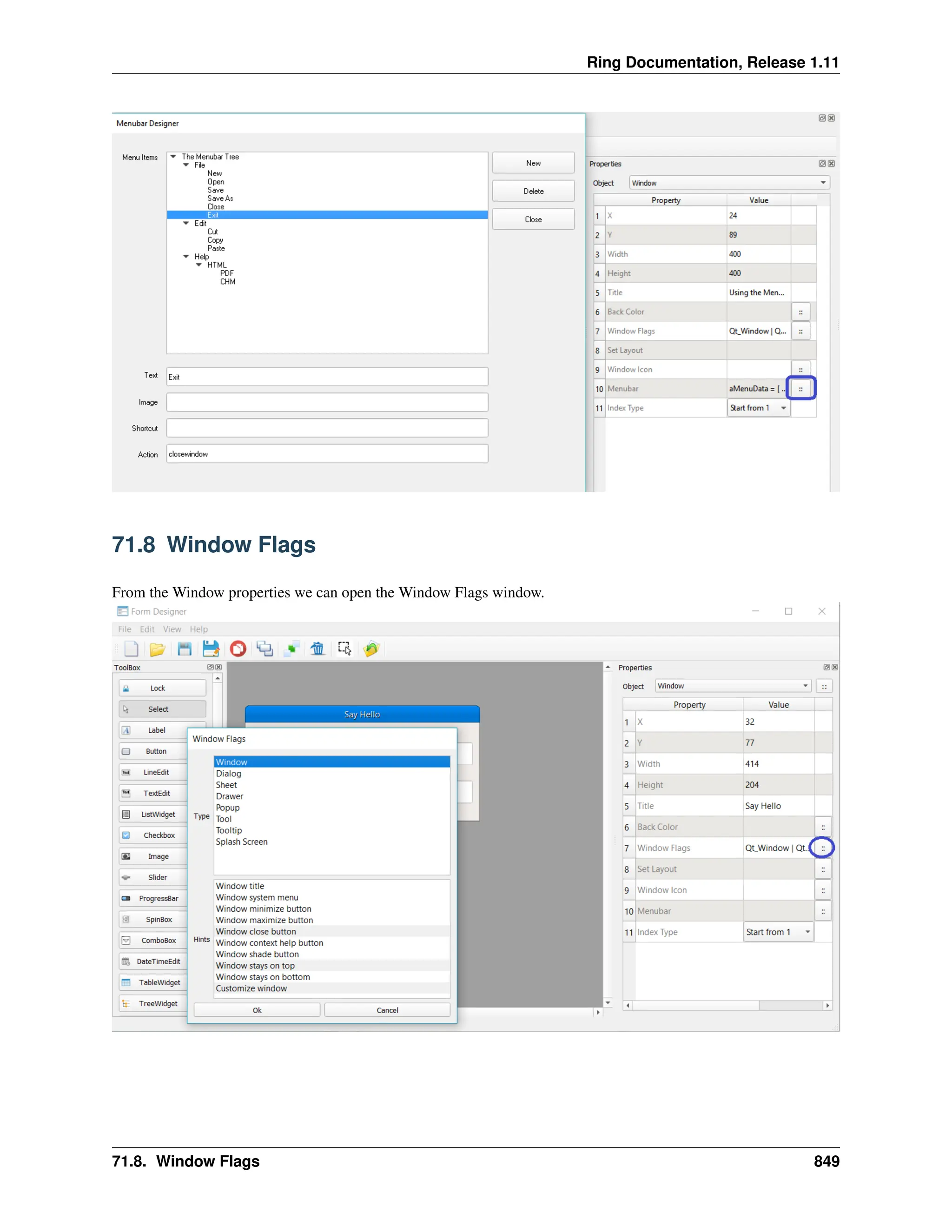 Ring Documentation, Release 1.11 71.8 Window Flags From the Window properties we can open the Window Flags window. 71.8. Window Flags 849 