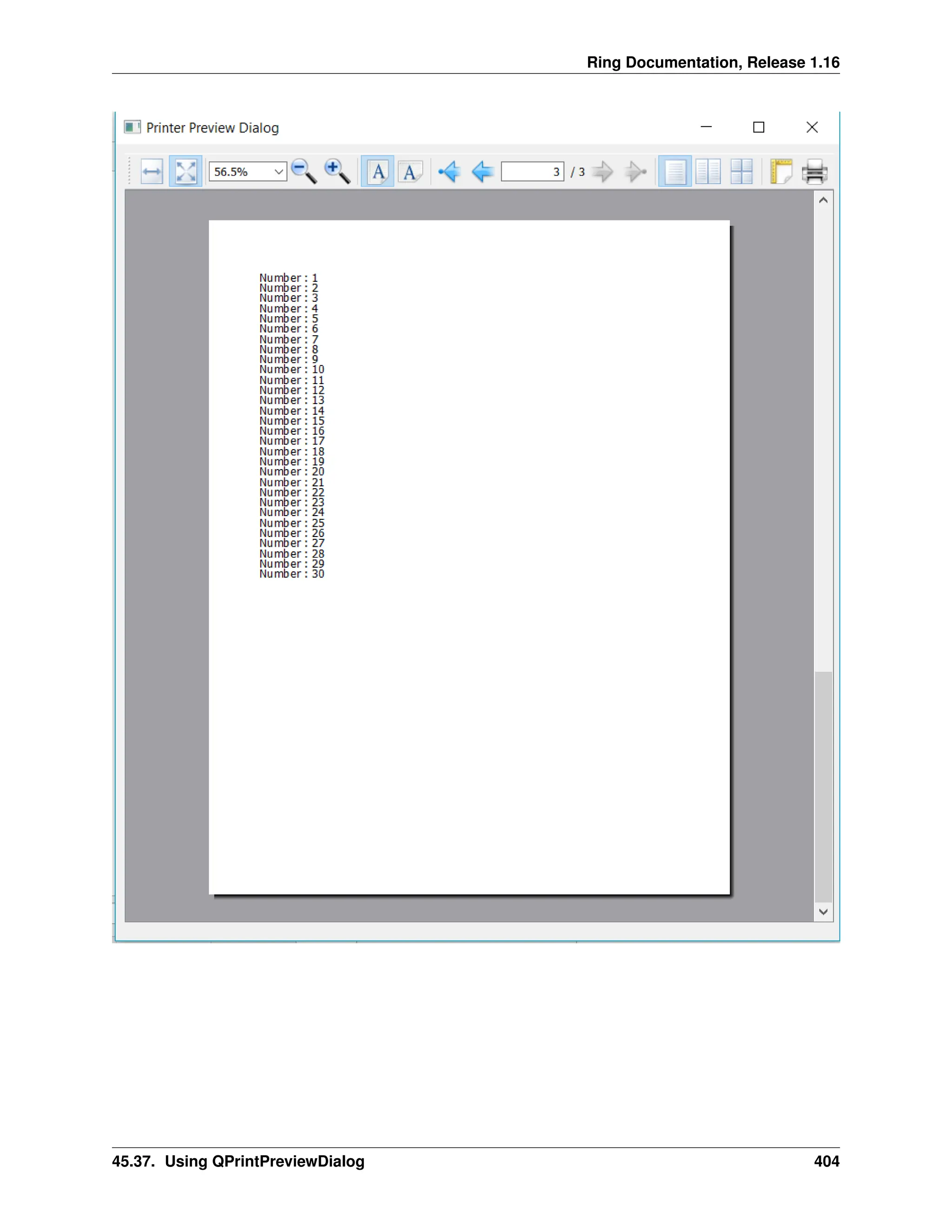 Ring Documentation, Release 1.16 45.37. Using QPrintPreviewDialog 404 