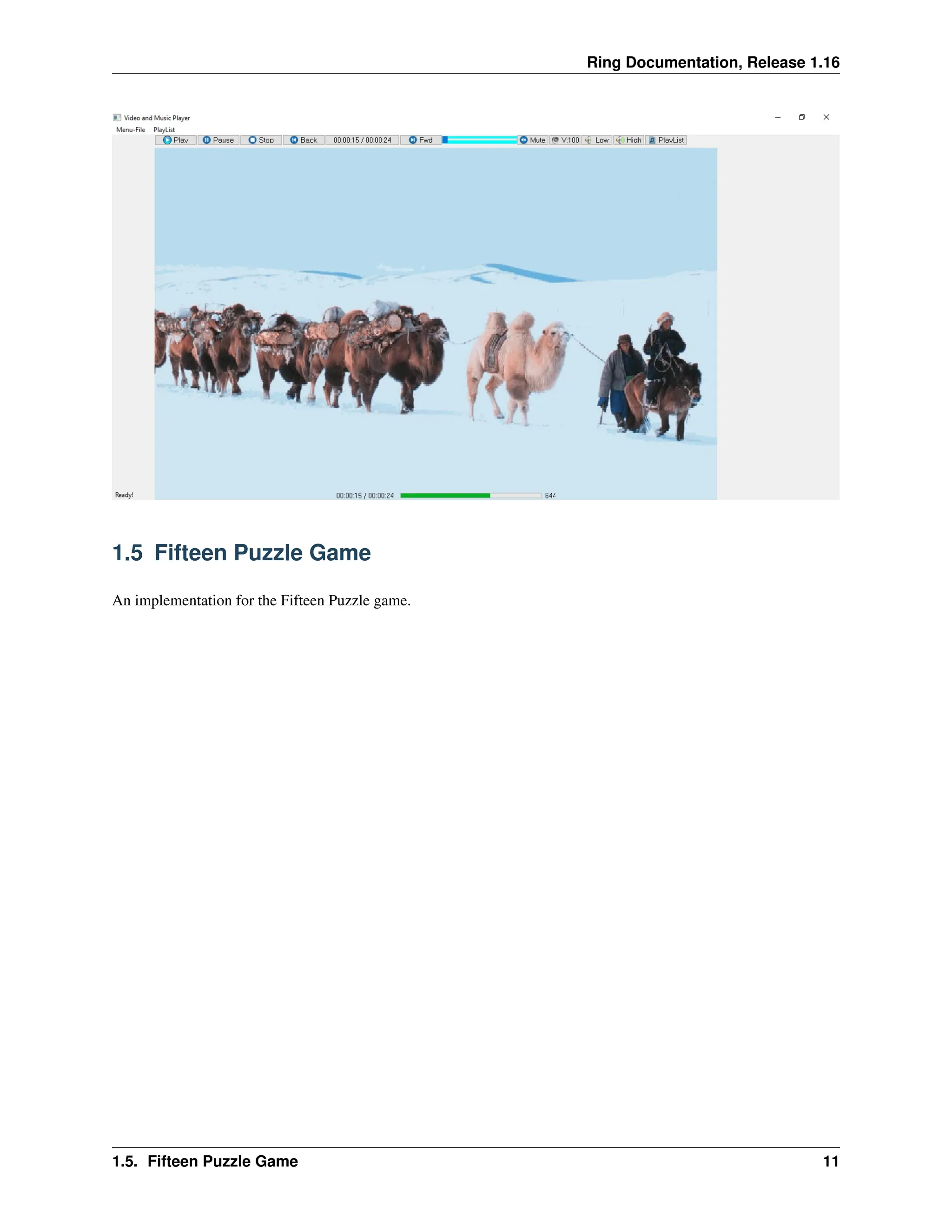 Ring Documentation, Release 1.16 1.5 Fifteen Puzzle Game An implementation for the Fifteen Puzzle game. 1.5. Fifteen Puzzle Game 11 