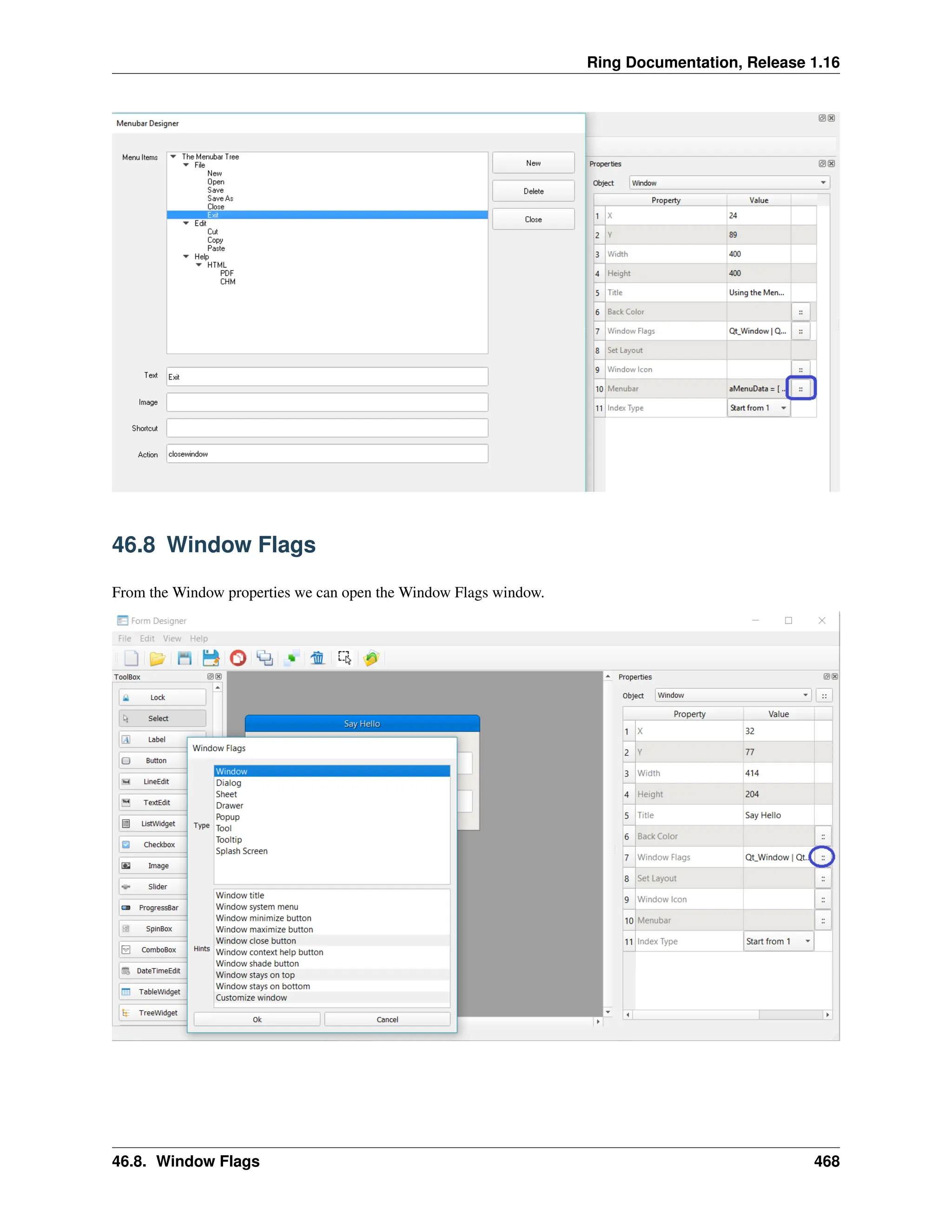 Ring Documentation, Release 1.16 46.8 Window Flags From the Window properties we can open the Window Flags window. 46.8. Window Flags 468 