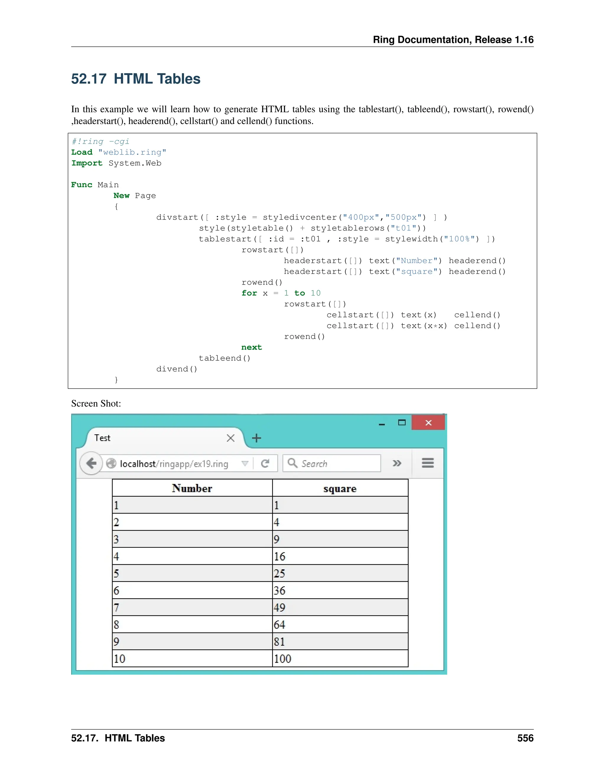 Ring Documentation, Release 1.16 52.17 HTML Tables In this example we will learn how to generate HTML tables using the tablestart(), tableend(), rowstart(), rowend() ,headerstart(), headerend(), cellstart() and cellend() functions. #!ring -cgi Load "weblib.ring" Import System.Web Func Main New Page { divstart([ :style = styledivcenter("400px","500px") ] ) style(styletable() + styletablerows("t01")) tablestart([ :id = :t01 , :style = stylewidth("100%") ]) rowstart([]) headerstart([]) text("Number") headerend() headerstart([]) text("square") headerend() rowend() for x = 1 to 10 rowstart([]) cellstart([]) text(x) cellend() cellstart([]) text(x*x) cellend() rowend() next tableend() divend() } Screen Shot: 52.17. HTML Tables 556 