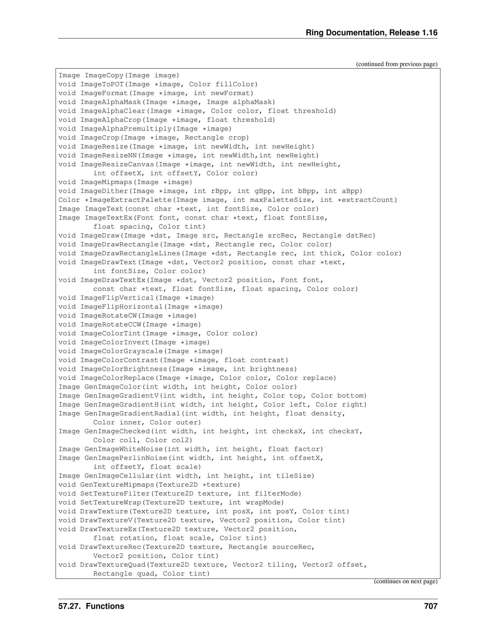 Ring Documentation, Release 1.16 (continued from previous page) Image ImageCopy(Image image) void ImageToPOT(Image *image, Color fillColor) void ImageFormat(Image *image, int newFormat) void ImageAlphaMask(Image *image, Image alphaMask) void ImageAlphaClear(Image *image, Color color, float threshold) void ImageAlphaCrop(Image *image, float threshold) void ImageAlphaPremultiply(Image *image) void ImageCrop(Image *image, Rectangle crop) void ImageResize(Image *image, int newWidth, int newHeight) void ImageResizeNN(Image *image, int newWidth,int newHeight) void ImageResizeCanvas(Image *image, int newWidth, int newHeight, int offsetX, int offsetY, Color color) void ImageMipmaps(Image *image) void ImageDither(Image *image, int rBpp, int gBpp, int bBpp, int aBpp) Color *ImageExtractPalette(Image image, int maxPaletteSize, int *extractCount) Image ImageText(const char *text, int fontSize, Color color) Image ImageTextEx(Font font, const char *text, float fontSize, float spacing, Color tint) void ImageDraw(Image *dst, Image src, Rectangle srcRec, Rectangle dstRec) void ImageDrawRectangle(Image *dst, Rectangle rec, Color color) void ImageDrawRectangleLines(Image *dst, Rectangle rec, int thick, Color color) void ImageDrawText(Image *dst, Vector2 position, const char *text, int fontSize, Color color) void ImageDrawTextEx(Image *dst, Vector2 position, Font font, const char *text, float fontSize, float spacing, Color color) void ImageFlipVertical(Image *image) void ImageFlipHorizontal(Image *image) void ImageRotateCW(Image *image) void ImageRotateCCW(Image *image) void ImageColorTint(Image *image, Color color) void ImageColorInvert(Image *image) void ImageColorGrayscale(Image *image) void ImageColorContrast(Image *image, float contrast) void ImageColorBrightness(Image *image, int brightness) void ImageColorReplace(Image *image, Color color, Color replace) Image GenImageColor(int width, int height, Color color) Image GenImageGradientV(int width, int height, Color top, Color bottom) Image GenImageGradientH(int width, int height, Color left, Color right) Image GenImageGradientRadial(int width, int height, float density, Color inner, Color outer) Image GenImageChecked(int width, int height, int checksX, int checksY, Color col1, Color col2) Image GenImageWhiteNoise(int width, int height, float factor) Image GenImagePerlinNoise(int width, int height, int offsetX, int offsetY, float scale) Image GenImageCellular(int width, int height, int tileSize) void GenTextureMipmaps(Texture2D *texture) void SetTextureFilter(Texture2D texture, int filterMode) void SetTextureWrap(Texture2D texture, int wrapMode) void DrawTexture(Texture2D texture, int posX, int posY, Color tint) void DrawTextureV(Texture2D texture, Vector2 position, Color tint) void DrawTextureEx(Texture2D texture, Vector2 position, float rotation, float scale, Color tint) void DrawTextureRec(Texture2D texture, Rectangle sourceRec, Vector2 position, Color tint) void DrawTextureQuad(Texture2D texture, Vector2 tiling, Vector2 offset, Rectangle quad, Color tint) (continues on next page) 57.27. Functions 707 