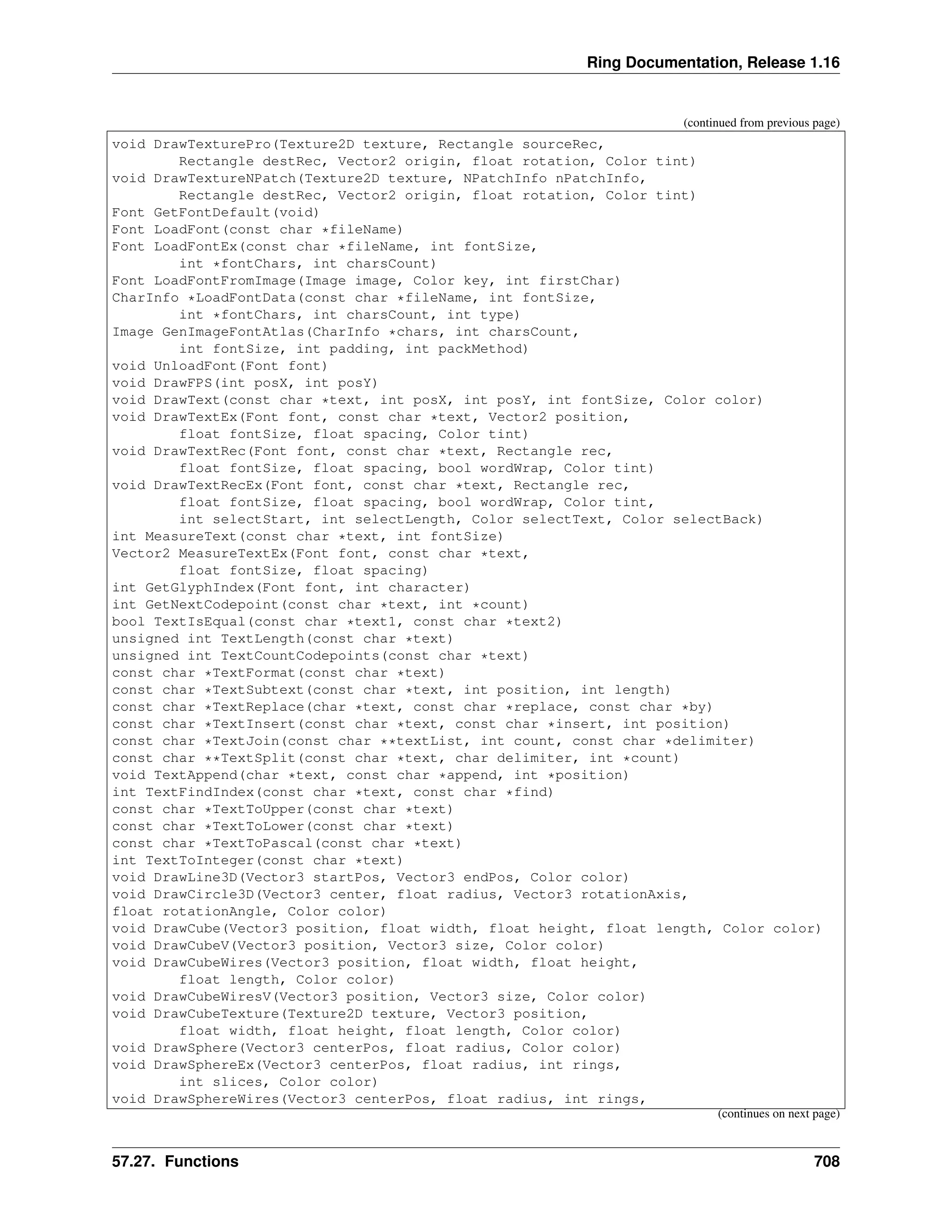 Ring Documentation, Release 1.16 (continued from previous page) void DrawTexturePro(Texture2D texture, Rectangle sourceRec, Rectangle destRec, Vector2 origin, float rotation, Color tint) void DrawTextureNPatch(Texture2D texture, NPatchInfo nPatchInfo, Rectangle destRec, Vector2 origin, float rotation, Color tint) Font GetFontDefault(void) Font LoadFont(const char *fileName) Font LoadFontEx(const char *fileName, int fontSize, int *fontChars, int charsCount) Font LoadFontFromImage(Image image, Color key, int firstChar) CharInfo *LoadFontData(const char *fileName, int fontSize, int *fontChars, int charsCount, int type) Image GenImageFontAtlas(CharInfo *chars, int charsCount, int fontSize, int padding, int packMethod) void UnloadFont(Font font) void DrawFPS(int posX, int posY) void DrawText(const char *text, int posX, int posY, int fontSize, Color color) void DrawTextEx(Font font, const char *text, Vector2 position, float fontSize, float spacing, Color tint) void DrawTextRec(Font font, const char *text, Rectangle rec, float fontSize, float spacing, bool wordWrap, Color tint) void DrawTextRecEx(Font font, const char *text, Rectangle rec, float fontSize, float spacing, bool wordWrap, Color tint, int selectStart, int selectLength, Color selectText, Color selectBack) int MeasureText(const char *text, int fontSize) Vector2 MeasureTextEx(Font font, const char *text, float fontSize, float spacing) int GetGlyphIndex(Font font, int character) int GetNextCodepoint(const char *text, int *count) bool TextIsEqual(const char *text1, const char *text2) unsigned int TextLength(const char *text) unsigned int TextCountCodepoints(const char *text) const char *TextFormat(const char *text) const char *TextSubtext(const char *text, int position, int length) const char *TextReplace(char *text, const char *replace, const char *by) const char *TextInsert(const char *text, const char *insert, int position) const char *TextJoin(const char **textList, int count, const char *delimiter) const char **TextSplit(const char *text, char delimiter, int *count) void TextAppend(char *text, const char *append, int *position) int TextFindIndex(const char *text, const char *find) const char *TextToUpper(const char *text) const char *TextToLower(const char *text) const char *TextToPascal(const char *text) int TextToInteger(const char *text) void DrawLine3D(Vector3 startPos, Vector3 endPos, Color color) void DrawCircle3D(Vector3 center, float radius, Vector3 rotationAxis, float rotationAngle, Color color) void DrawCube(Vector3 position, float width, float height, float length, Color color) void DrawCubeV(Vector3 position, Vector3 size, Color color) void DrawCubeWires(Vector3 position, float width, float height, float length, Color color) void DrawCubeWiresV(Vector3 position, Vector3 size, Color color) void DrawCubeTexture(Texture2D texture, Vector3 position, float width, float height, float length, Color color) void DrawSphere(Vector3 centerPos, float radius, Color color) void DrawSphereEx(Vector3 centerPos, float radius, int rings, int slices, Color color) void DrawSphereWires(Vector3 centerPos, float radius, int rings, (continues on next page) 57.27. Functions 708 