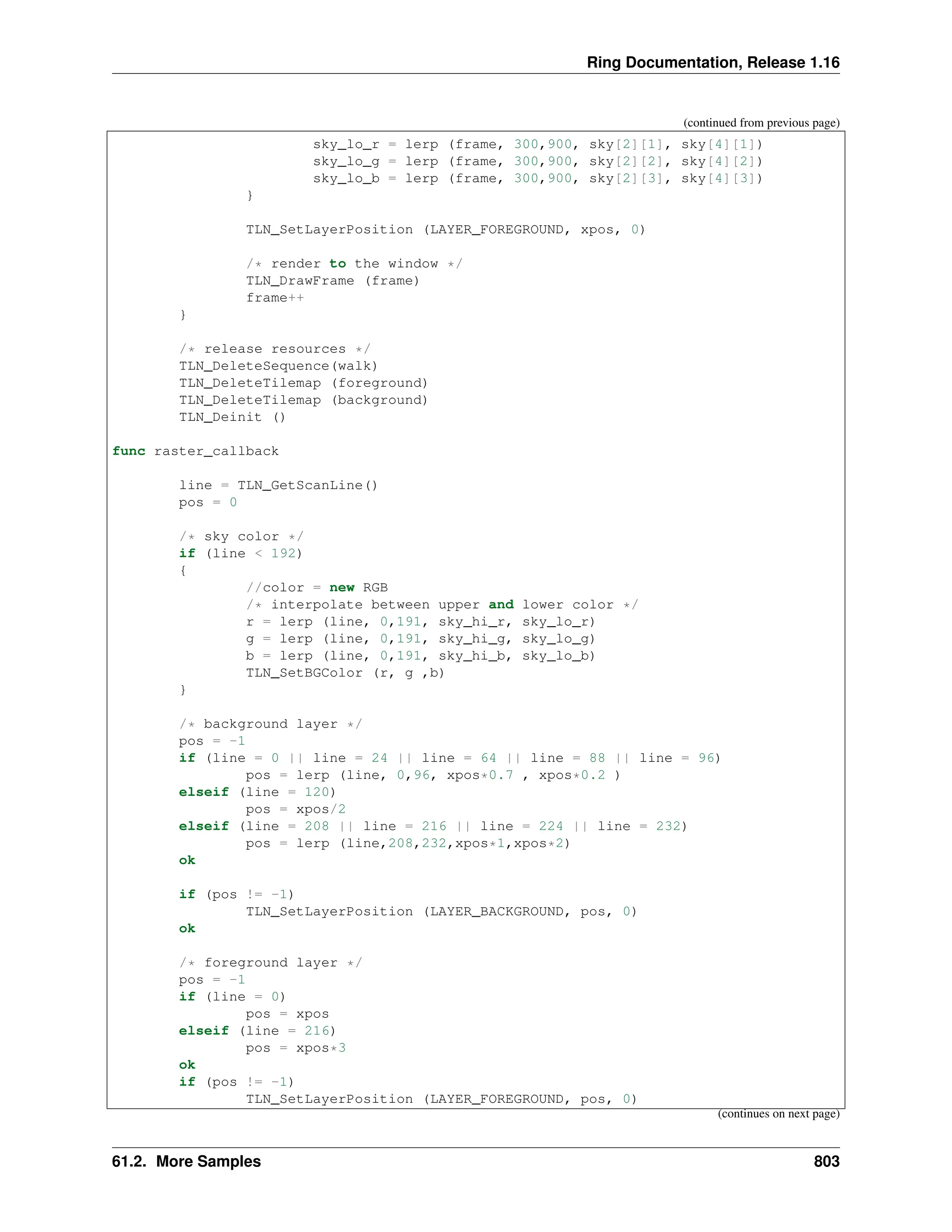 Ring Documentation, Release 1.16 (continued from previous page) sky_lo_r = lerp (frame, 300,900, sky[2][1], sky[4][1]) sky_lo_g = lerp (frame, 300,900, sky[2][2], sky[4][2]) sky_lo_b = lerp (frame, 300,900, sky[2][3], sky[4][3]) } TLN_SetLayerPosition (LAYER_FOREGROUND, xpos, 0) /* render to the window */ TLN_DrawFrame (frame) frame++ } /* release resources */ TLN_DeleteSequence(walk) TLN_DeleteTilemap (foreground) TLN_DeleteTilemap (background) TLN_Deinit () func raster_callback line = TLN_GetScanLine() pos = 0 /* sky color */ if (line < 192) { //color = new RGB /* interpolate between upper and lower color */ r = lerp (line, 0,191, sky_hi_r, sky_lo_r) g = lerp (line, 0,191, sky_hi_g, sky_lo_g) b = lerp (line, 0,191, sky_hi_b, sky_lo_b) TLN_SetBGColor (r, g ,b) } /* background layer */ pos = -1 if (line = 0 || line = 24 || line = 64 || line = 88 || line = 96) pos = lerp (line, 0,96, xpos*0.7 , xpos*0.2 ) elseif (line = 120) pos = xpos/2 elseif (line = 208 || line = 216 || line = 224 || line = 232) pos = lerp (line,208,232,xpos*1,xpos*2) ok if (pos != -1) TLN_SetLayerPosition (LAYER_BACKGROUND, pos, 0) ok /* foreground layer */ pos = -1 if (line = 0) pos = xpos elseif (line = 216) pos = xpos*3 ok if (pos != -1) TLN_SetLayerPosition (LAYER_FOREGROUND, pos, 0) (continues on next page) 61.2. More Samples 803 