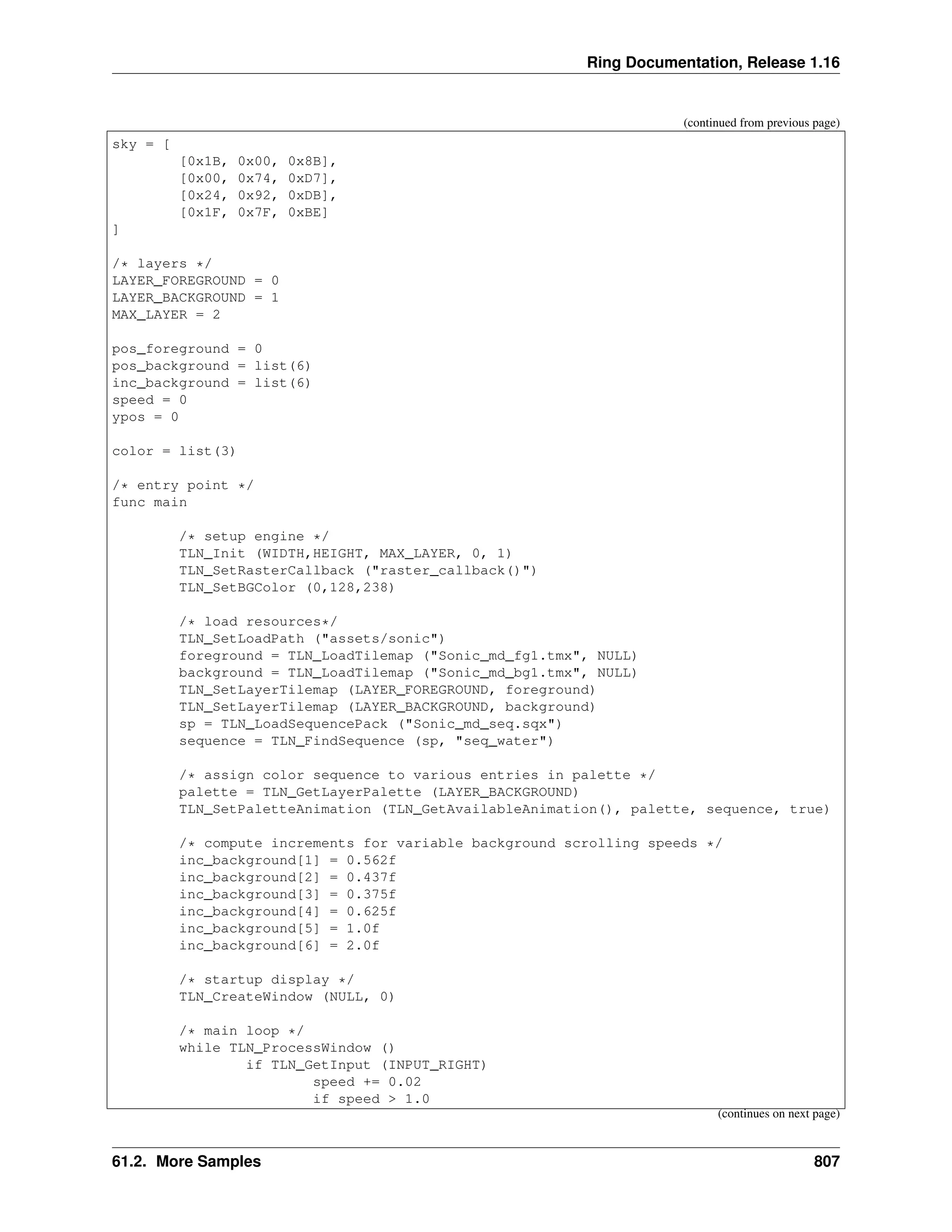 Ring Documentation, Release 1.16 (continued from previous page) sky = [ [0x1B, 0x00, 0x8B], [0x00, 0x74, 0xD7], [0x24, 0x92, 0xDB], [0x1F, 0x7F, 0xBE] ] /* layers */ LAYER_FOREGROUND = 0 LAYER_BACKGROUND = 1 MAX_LAYER = 2 pos_foreground = 0 pos_background = list(6) inc_background = list(6) speed = 0 ypos = 0 color = list(3) /* entry point */ func main /* setup engine */ TLN_Init (WIDTH,HEIGHT, MAX_LAYER, 0, 1) TLN_SetRasterCallback ("raster_callback()") TLN_SetBGColor (0,128,238) /* load resources*/ TLN_SetLoadPath ("assets/sonic") foreground = TLN_LoadTilemap ("Sonic_md_fg1.tmx", NULL) background = TLN_LoadTilemap ("Sonic_md_bg1.tmx", NULL) TLN_SetLayerTilemap (LAYER_FOREGROUND, foreground) TLN_SetLayerTilemap (LAYER_BACKGROUND, background) sp = TLN_LoadSequencePack ("Sonic_md_seq.sqx") sequence = TLN_FindSequence (sp, "seq_water") /* assign color sequence to various entries in palette */ palette = TLN_GetLayerPalette (LAYER_BACKGROUND) TLN_SetPaletteAnimation (TLN_GetAvailableAnimation(), palette, sequence, true) /* compute increments for variable background scrolling speeds */ inc_background[1] = 0.562f inc_background[2] = 0.437f inc_background[3] = 0.375f inc_background[4] = 0.625f inc_background[5] = 1.0f inc_background[6] = 2.0f /* startup display */ TLN_CreateWindow (NULL, 0) /* main loop */ while TLN_ProcessWindow () if TLN_GetInput (INPUT_RIGHT) speed += 0.02 if speed > 1.0 (continues on next page) 61.2. More Samples 807 