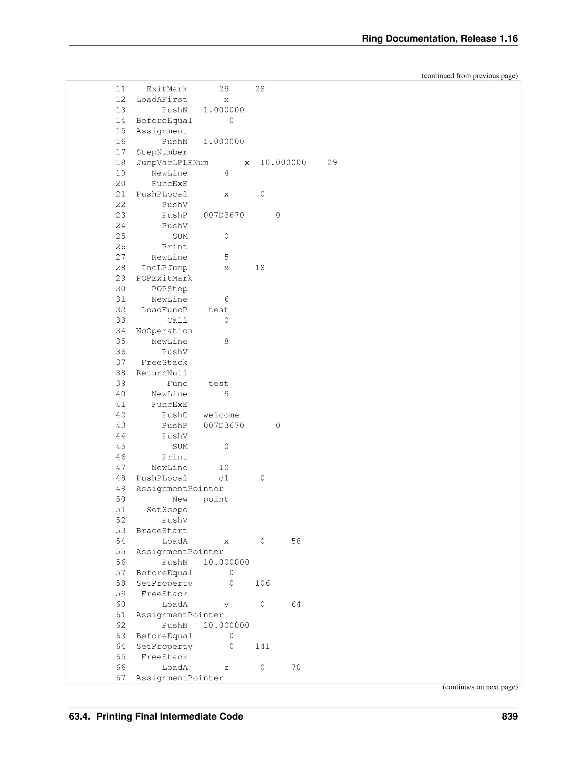 Ring Documentation, Release 1.16 (continued from previous page) 11 ExitMark 29 28 12 LoadAFirst x 13 PushN 1.000000 14 BeforeEqual 0 15 Assignment 16 PushN 1.000000 17 StepNumber 18 JumpVarLPLENum x 10.000000 29 19 NewLine 4 20 FuncExE 21 PushPLocal x 0 22 PushV 23 PushP 007D3670 0 24 PushV 25 SUM 0 26 Print 27 NewLine 5 28 IncLPJump x 18 29 POPExitMark 30 POPStep 31 NewLine 6 32 LoadFuncP test 33 Call 0 34 NoOperation 35 NewLine 8 36 PushV 37 FreeStack 38 ReturnNull 39 Func test 40 NewLine 9 41 FuncExE 42 PushC welcome 43 PushP 007D3670 0 44 PushV 45 SUM 0 46 Print 47 NewLine 10 48 PushPLocal o1 0 49 AssignmentPointer 50 New point 51 SetScope 52 PushV 53 BraceStart 54 LoadA x 0 58 55 AssignmentPointer 56 PushN 10.000000 57 BeforeEqual 0 58 SetProperty 0 106 59 FreeStack 60 LoadA y 0 64 61 AssignmentPointer 62 PushN 20.000000 63 BeforeEqual 0 64 SetProperty 0 141 65 FreeStack 66 LoadA z 0 70 67 AssignmentPointer (continues on next page) 63.4. Printing Final Intermediate Code 839 