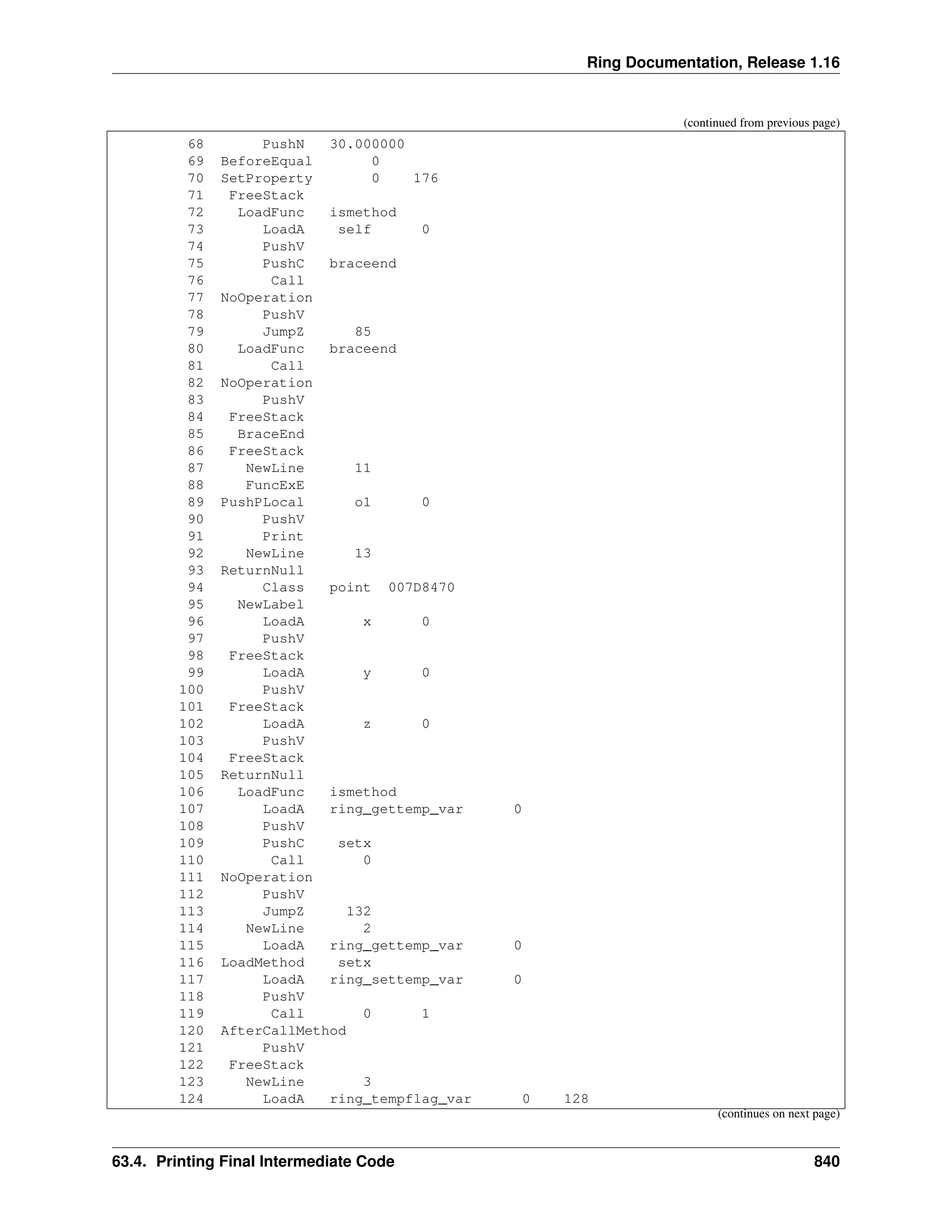 Ring Documentation, Release 1.16 (continued from previous page) 68 PushN 30.000000 69 BeforeEqual 0 70 SetProperty 0 176 71 FreeStack 72 LoadFunc ismethod 73 LoadA self 0 74 PushV 75 PushC braceend 76 Call 77 NoOperation 78 PushV 79 JumpZ 85 80 LoadFunc braceend 81 Call 82 NoOperation 83 PushV 84 FreeStack 85 BraceEnd 86 FreeStack 87 NewLine 11 88 FuncExE 89 PushPLocal o1 0 90 PushV 91 Print 92 NewLine 13 93 ReturnNull 94 Class point 007D8470 95 NewLabel 96 LoadA x 0 97 PushV 98 FreeStack 99 LoadA y 0 100 PushV 101 FreeStack 102 LoadA z 0 103 PushV 104 FreeStack 105 ReturnNull 106 LoadFunc ismethod 107 LoadA ring_gettemp_var 0 108 PushV 109 PushC setx 110 Call 0 111 NoOperation 112 PushV 113 JumpZ 132 114 NewLine 2 115 LoadA ring_gettemp_var 0 116 LoadMethod setx 117 LoadA ring_settemp_var 0 118 PushV 119 Call 0 1 120 AfterCallMethod 121 PushV 122 FreeStack 123 NewLine 3 124 LoadA ring_tempflag_var 0 128 (continues on next page) 63.4. Printing Final Intermediate Code 840 