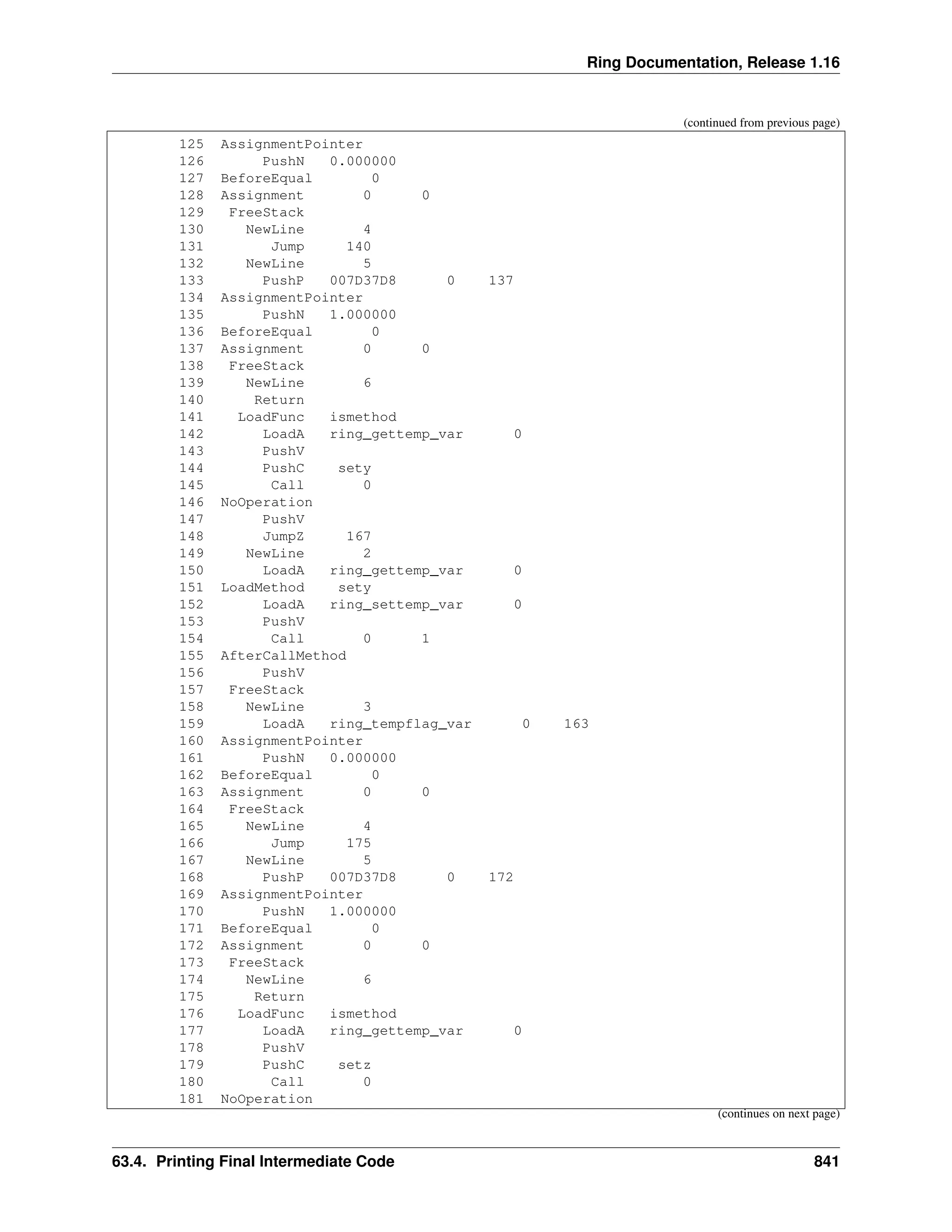 Ring Documentation, Release 1.16 (continued from previous page) 125 AssignmentPointer 126 PushN 0.000000 127 BeforeEqual 0 128 Assignment 0 0 129 FreeStack 130 NewLine 4 131 Jump 140 132 NewLine 5 133 PushP 007D37D8 0 137 134 AssignmentPointer 135 PushN 1.000000 136 BeforeEqual 0 137 Assignment 0 0 138 FreeStack 139 NewLine 6 140 Return 141 LoadFunc ismethod 142 LoadA ring_gettemp_var 0 143 PushV 144 PushC sety 145 Call 0 146 NoOperation 147 PushV 148 JumpZ 167 149 NewLine 2 150 LoadA ring_gettemp_var 0 151 LoadMethod sety 152 LoadA ring_settemp_var 0 153 PushV 154 Call 0 1 155 AfterCallMethod 156 PushV 157 FreeStack 158 NewLine 3 159 LoadA ring_tempflag_var 0 163 160 AssignmentPointer 161 PushN 0.000000 162 BeforeEqual 0 163 Assignment 0 0 164 FreeStack 165 NewLine 4 166 Jump 175 167 NewLine 5 168 PushP 007D37D8 0 172 169 AssignmentPointer 170 PushN 1.000000 171 BeforeEqual 0 172 Assignment 0 0 173 FreeStack 174 NewLine 6 175 Return 176 LoadFunc ismethod 177 LoadA ring_gettemp_var 0 178 PushV 179 PushC setz 180 Call 0 181 NoOperation (continues on next page) 63.4. Printing Final Intermediate Code 841 