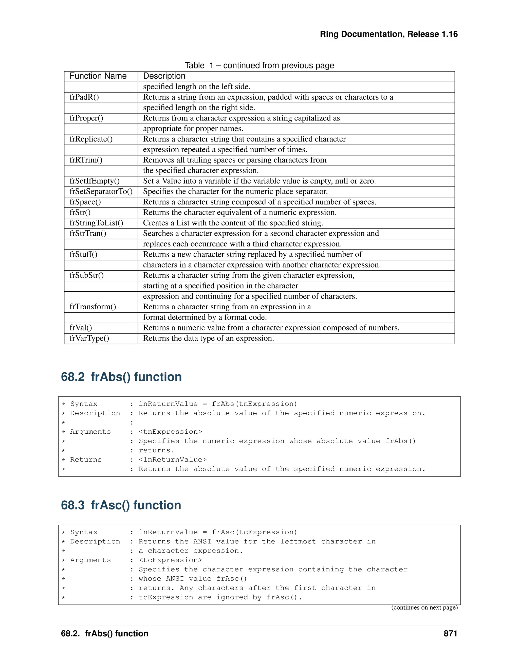 Ring Documentation, Release 1.16 Table 1 – continued from previous page Function Name Description specified length on the left side. frPadR() Returns a string from an expression, padded with spaces or characters to a specified length on the right side. frProper() Returns from a character expression a string capitalized as appropriate for proper names. frReplicate() Returns a character string that contains a specified character expression repeated a specified number of times. frRTrim() Removes all trailing spaces or parsing characters from the specified character expression. frSetIfEmpty() Set a Value into a variable if the variable value is empty, null or zero. frSetSeparatorTo() Specifies the character for the numeric place separator. frSpace() Returns a character string composed of a specified number of spaces. frStr() Returns the character equivalent of a numeric expression. frStringToList() Creates a List with the content of the specified string. frStrTran() Searches a character expression for a second character expression and replaces each occurrence with a third character expression. frStuff() Returns a new character string replaced by a specified number of characters in a character expression with another character expression. frSubStr() Returns a character string from the given character expression, starting at a specified position in the character expression and continuing for a specified number of characters. frTransform() Returns a character string from an expression in a format determined by a format code. frVal() Returns a numeric value from a character expression composed of numbers. frVarType() Returns the data type of an expression. 68.2 frAbs() function * Syntax : lnReturnValue = frAbs(tnExpression) * Description : Returns the absolute value of the specified numeric expression. * : * Arguments : <tnExpression> * : Specifies the numeric expression whose absolute value frAbs() * : returns. * Returns : <lnReturnValue> * : Returns the absolute value of the specified numeric expression. 68.3 frAsc() function * Syntax : lnReturnValue = frAsc(tcExpression) * Description : Returns the ANSI value for the leftmost character in * : a character expression. * Arguments : <tcExpression> * : Specifies the character expression containing the character * : whose ANSI value frAsc() * : returns. Any characters after the first character in * : tcExpression are ignored by frAsc(). (continues on next page) 68.2. frAbs() function 871 