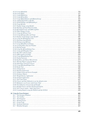 45.19 Using QDateEdit . . . . . . . . . . . . . . . . . . . . . . . . . . . . . . . . . . . . . . . . . . . . . 376
45.20 Using QDial . . . . . . . . . . . . . . . . . . . . . . . . . . . . . . . . . . . . . . . . . . . . . . . 377
45.21 Using QWebView . . . . . . . . . . . . . . . . . . . . . . . . . . . . . . . . . . . . . . . . . . . . 380
45.22 Using QCheckBox . . . . . . . . . . . . . . . . . . . . . . . . . . . . . . . . . . . . . . . . . . . . 381
45.23 Using QRadioButton and QButtonGroup . . . . . . . . . . . . . . . . . . . . . . . . . . . . . . . . 383
45.24 Adding Hyperlink to QLabel . . . . . . . . . . . . . . . . . . . . . . . . . . . . . . . . . . . . . . . 384
45.25 QVideoWidget and QMediaPlayer . . . . . . . . . . . . . . . . . . . . . . . . . . . . . . . . . . . . 385
45.26 Using QFrame . . . . . . . . . . . . . . . . . . . . . . . . . . . . . . . . . . . . . . . . . . . . . . 387
45.27 Display Image using QLabel . . . . . . . . . . . . . . . . . . . . . . . . . . . . . . . . . . . . . . . 388
45.28 Menubar and StyleSheet Example . . . . . . . . . . . . . . . . . . . . . . . . . . . . . . . . . . . . 390
45.29 QLineEdit Events and QMessageBox . . . . . . . . . . . . . . . . . . . . . . . . . . . . . . . . . . 391
45.30 Other Widgets Events . . . . . . . . . . . . . . . . . . . . . . . . . . . . . . . . . . . . . . . . . . 393
45.31 Using the QTimer Class . . . . . . . . . . . . . . . . . . . . . . . . . . . . . . . . . . . . . . . . . 395
45.32 Using QProgressBar and Timer . . . . . . . . . . . . . . . . . . . . . . . . . . . . . . . . . . . . . 396
45.33 Display Scaled Image using QLabel . . . . . . . . . . . . . . . . . . . . . . . . . . . . . . . . . . . 397
45.34 Using the QFileDialog Class . . . . . . . . . . . . . . . . . . . . . . . . . . . . . . . . . . . . . . . 398
45.35 Drawing using QPainter . . . . . . . . . . . . . . . . . . . . . . . . . . . . . . . . . . . . . . . . . 399
45.36 Printing using QPrinter . . . . . . . . . . . . . . . . . . . . . . . . . . . . . . . . . . . . . . . . . . 401
45.37 Using QPrintPreviewDialog . . . . . . . . . . . . . . . . . . . . . . . . . . . . . . . . . . . . . . . 402
45.38 Creating More than one Window . . . . . . . . . . . . . . . . . . . . . . . . . . . . . . . . . . . . 405
45.39 Playing Sound . . . . . . . . . . . . . . . . . . . . . . . . . . . . . . . . . . . . . . . . . . . . . . 406
45.40 Using the QColorDialog Class . . . . . . . . . . . . . . . . . . . . . . . . . . . . . . . . . . . . . . 406
45.41 Using qLCDNumber Class . . . . . . . . . . . . . . . . . . . . . . . . . . . . . . . . . . . . . . . . 408
45.42 Movable Label Example . . . . . . . . . . . . . . . . . . . . . . . . . . . . . . . . . . . . . . . . . 409
45.43 QMessagebox Example . . . . . . . . . . . . . . . . . . . . . . . . . . . . . . . . . . . . . . . . . 410
45.44 Using QInputDialog Class . . . . . . . . . . . . . . . . . . . . . . . . . . . . . . . . . . . . . . . . 411
45.45 Dialog Functions . . . . . . . . . . . . . . . . . . . . . . . . . . . . . . . . . . . . . . . . . . . . . 412
45.46 KeyPress and Mouse Move Events . . . . . . . . . . . . . . . . . . . . . . . . . . . . . . . . . . . 413
45.47 Moving Objects using the Mouse . . . . . . . . . . . . . . . . . . . . . . . . . . . . . . . . . . . . 414
45.48 Inheritance from GUI Classes . . . . . . . . . . . . . . . . . . . . . . . . . . . . . . . . . . . . . . 418
45.49 Using QDesktopWidget Class . . . . . . . . . . . . . . . . . . . . . . . . . . . . . . . . . . . . . . 419
45.50 Rotate Text . . . . . . . . . . . . . . . . . . . . . . . . . . . . . . . . . . . . . . . . . . . . . . . . 420
45.51 Change Focus . . . . . . . . . . . . . . . . . . . . . . . . . . . . . . . . . . . . . . . . . . . . . . 422
45.52 Regular Expressions . . . . . . . . . . . . . . . . . . . . . . . . . . . . . . . . . . . . . . . . . . . 423
45.53 Simple Client and Server Example . . . . . . . . . . . . . . . . . . . . . . . . . . . . . . . . . . . . 424
45.54 Dynamic Objects . . . . . . . . . . . . . . . . . . . . . . . . . . . . . . . . . . . . . . . . . . . . . 426
45.55 Weight History Application . . . . . . . . . . . . . . . . . . . . . . . . . . . . . . . . . . . . . . . 428
45.56 Notepad Application . . . . . . . . . . . . . . . . . . . . . . . . . . . . . . . . . . . . . . . . . . . 432
45.57 The Cards Game . . . . . . . . . . . . . . . . . . . . . . . . . . . . . . . . . . . . . . . . . . . . . 447
45.58 Classes and their Methods to use the default events . . . . . . . . . . . . . . . . . . . . . . . . . . . 453
45.59 Methods to use Events with Events Filter . . . . . . . . . . . . . . . . . . . . . . . . . . . . . . . . 456
45.60 The Difference between Qt and RingQt . . . . . . . . . . . . . . . . . . . . . . . . . . . . . . . . . 457
45.61 RingQt Classes and their Qt Documentation . . . . . . . . . . . . . . . . . . . . . . . . . . . . . . . 458
45.62 New Classes names - Index Start from 1 . . . . . . . . . . . . . . . . . . . . . . . . . . . . . . . . . 458
45.63 Creating Reports using the WebLib and the GUILib . . . . . . . . . . . . . . . . . . . . . . . . . . 459
46 Using the Form Designer 462
46.1 The Designer Windows . . . . . . . . . . . . . . . . . . . . . . . . . . . . . . . . . . . . . . . . . 463
46.2 The Toolbox . . . . . . . . . . . . . . . . . . . . . . . . . . . . . . . . . . . . . . . . . . . . . . . 463
46.3 The Properties . . . . . . . . . . . . . . . . . . . . . . . . . . . . . . . . . . . . . . . . . . . . . . 463
46.4 Running Forms . . . . . . . . . . . . . . . . . . . . . . . . . . . . . . . . . . . . . . . . . . . . . . 464
46.5 Events Code . . . . . . . . . . . . . . . . . . . . . . . . . . . . . . . . . . . . . . . . . . . . . . . 465
46.6 Keyboard Shortcuts . . . . . . . . . . . . . . . . . . . . . . . . . . . . . . . . . . . . . . . . . . . 467
46.7 Menubar Designer . . . . . . . . . . . . . . . . . . . . . . . . . . . . . . . . . . . . . . . . . . . . 467
xiii
 
