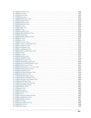 87.174QMainWindow Class . . . . . . . . . . . . . . . . . . . . . . . . . . . . . . . . . . . . . . . . . . . 1220
87.175QMaterial Class . . . . . . . . . . . . . . . . . . . . . . . . . . . . . . . . . . . . . . . . . . . . . 1222
87.176QMatrix4x4 Class . . . . . . . . . . . . . . . . . . . . . . . . . . . . . . . . . . . . . . . . . . . . 1222
87.177QMdiArea Class . . . . . . . . . . . . . . . . . . . . . . . . . . . . . . . . . . . . . . . . . . . . . 1223
87.178QMdiSubWindow Class . . . . . . . . . . . . . . . . . . . . . . . . . . . . . . . . . . . . . . . . . 1224
87.179QMediaObject Class . . . . . . . . . . . . . . . . . . . . . . . . . . . . . . . . . . . . . . . . . . . 1225
87.180QMediaPlayer Class . . . . . . . . . . . . . . . . . . . . . . . . . . . . . . . . . . . . . . . . . . . 1225
87.181QMediaPlaylist Class . . . . . . . . . . . . . . . . . . . . . . . . . . . . . . . . . . . . . . . . . . 1226
87.182QMenu Class . . . . . . . . . . . . . . . . . . . . . . . . . . . . . . . . . . . . . . . . . . . . . . . 1226
87.183QMenuBar Class . . . . . . . . . . . . . . . . . . . . . . . . . . . . . . . . . . . . . . . . . . . . . 1227
87.184QMesh Class . . . . . . . . . . . . . . . . . . . . . . . . . . . . . . . . . . . . . . . . . . . . . . . 1228
87.185QMessageBox Class . . . . . . . . . . . . . . . . . . . . . . . . . . . . . . . . . . . . . . . . . . . 1228
87.186QMetalRoughMaterial Class . . . . . . . . . . . . . . . . . . . . . . . . . . . . . . . . . . . . . . . 1229
87.187QMimeData Class . . . . . . . . . . . . . . . . . . . . . . . . . . . . . . . . . . . . . . . . . . . . 1230
87.188QMorphPhongMaterial Class . . . . . . . . . . . . . . . . . . . . . . . . . . . . . . . . . . . . . . 1230
87.189QMovie Class . . . . . . . . . . . . . . . . . . . . . . . . . . . . . . . . . . . . . . . . . . . . . . 1231
87.190QMutex Class . . . . . . . . . . . . . . . . . . . . . . . . . . . . . . . . . . . . . . . . . . . . . . 1232
87.191QMutexLocker Class . . . . . . . . . . . . . . . . . . . . . . . . . . . . . . . . . . . . . . . . . . . 1232
87.192QNetworkAccessManager Class . . . . . . . . . . . . . . . . . . . . . . . . . . . . . . . . . . . . . 1233
87.193QNetworkProxy Class . . . . . . . . . . . . . . . . . . . . . . . . . . . . . . . . . . . . . . . . . . 1234
87.194QNetworkReply Class . . . . . . . . . . . . . . . . . . . . . . . . . . . . . . . . . . . . . . . . . . 1234
87.195QNetworkRequest Class . . . . . . . . . . . . . . . . . . . . . . . . . . . . . . . . . . . . . . . . . 1235
87.196QNmeaPositionInfoSource Class . . . . . . . . . . . . . . . . . . . . . . . . . . . . . . . . . . . . 1235
87.197QNode Class . . . . . . . . . . . . . . . . . . . . . . . . . . . . . . . . . . . . . . . . . . . . . . . 1236
87.198QObject Class . . . . . . . . . . . . . . . . . . . . . . . . . . . . . . . . . . . . . . . . . . . . . . 1236
87.199QObjectPicker Class . . . . . . . . . . . . . . . . . . . . . . . . . . . . . . . . . . . . . . . . . . . 1237
87.200QOpenGLBuffer Class . . . . . . . . . . . . . . . . . . . . . . . . . . . . . . . . . . . . . . . . . . 1238
87.201QOpenGLContext Class . . . . . . . . . . . . . . . . . . . . . . . . . . . . . . . . . . . . . . . . . 1239
87.202QOpenGLDebugLogger Class . . . . . . . . . . . . . . . . . . . . . . . . . . . . . . . . . . . . . . 1240
87.203QOpenGLFramebufferObject Class . . . . . . . . . . . . . . . . . . . . . . . . . . . . . . . . . . . 1240
87.204QOpenGLFunctions Class . . . . . . . . . . . . . . . . . . . . . . . . . . . . . . . . . . . . . . . . 1241
87.205QOpenGLFunctions_3_2_Core Class . . . . . . . . . . . . . . . . . . . . . . . . . . . . . . . . . . 1245
87.206QOpenGLPaintDevice Class . . . . . . . . . . . . . . . . . . . . . . . . . . . . . . . . . . . . . . . 1253
87.207QOpenGLShader Class . . . . . . . . . . . . . . . . . . . . . . . . . . . . . . . . . . . . . . . . . 1253
87.208QOpenGLShaderProgram Class . . . . . . . . . . . . . . . . . . . . . . . . . . . . . . . . . . . . . 1254
87.209QOpenGLTexture Class . . . . . . . . . . . . . . . . . . . . . . . . . . . . . . . . . . . . . . . . . 1258
87.210QOpenGLTimerQuery Class . . . . . . . . . . . . . . . . . . . . . . . . . . . . . . . . . . . . . . . 1260
87.211QOpenGLVersionProfile Class . . . . . . . . . . . . . . . . . . . . . . . . . . . . . . . . . . . . . . 1260
87.212QOpenGLVertexArrayObject Class . . . . . . . . . . . . . . . . . . . . . . . . . . . . . . . . . . . 1260
87.213QOpenGLWidget Class . . . . . . . . . . . . . . . . . . . . . . . . . . . . . . . . . . . . . . . . . 1261
87.214QOrbitCameraController Class . . . . . . . . . . . . . . . . . . . . . . . . . . . . . . . . . . . . . 1261
87.215QPageSetupDialog Class . . . . . . . . . . . . . . . . . . . . . . . . . . . . . . . . . . . . . . . . . 1262
87.216QPaintDevice Class . . . . . . . . . . . . . . . . . . . . . . . . . . . . . . . . . . . . . . . . . . . 1262
87.217QPainter Class . . . . . . . . . . . . . . . . . . . . . . . . . . . . . . . . . . . . . . . . . . . . . . 1262
87.218QPainter2 Class . . . . . . . . . . . . . . . . . . . . . . . . . . . . . . . . . . . . . . . . . . . . . 1265
87.219QPainterPath Class . . . . . . . . . . . . . . . . . . . . . . . . . . . . . . . . . . . . . . . . . . . . 1265
87.220QPen Class . . . . . . . . . . . . . . . . . . . . . . . . . . . . . . . . . . . . . . . . . . . . . . . . 1266
87.221QPerVertexColorMaterial Class . . . . . . . . . . . . . . . . . . . . . . . . . . . . . . . . . . . . . 1267
87.222QPercentBarSeries Class . . . . . . . . . . . . . . . . . . . . . . . . . . . . . . . . . . . . . . . . . 1267
87.223QPhongMaterial Class . . . . . . . . . . . . . . . . . . . . . . . . . . . . . . . . . . . . . . . . . . 1267
87.224QPicture Class . . . . . . . . . . . . . . . . . . . . . . . . . . . . . . . . . . . . . . . . . . . . . . 1268
87.225QPieLegendMarker Class . . . . . . . . . . . . . . . . . . . . . . . . . . . . . . . . . . . . . . . . 1268
87.226QPieSeries Class . . . . . . . . . . . . . . . . . . . . . . . . . . . . . . . . . . . . . . . . . . . . . 1268
87.227QPieSlice Class . . . . . . . . . . . . . . . . . . . . . . . . . . . . . . . . . . . . . . . . . . . . . 1270
xxv
 