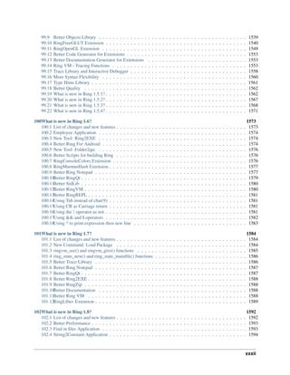 99.9 Better Objects Library . . . . . . . . . . . . . . . . . . . . . . . . . . . . . . . . . . . . . . . . . . 1539
99.10 RingFreeGLUT Extension . . . . . . . . . . . . . . . . . . . . . . . . . . . . . . . . . . . . . . . . 1540
99.11 RingOpenGL Extension . . . . . . . . . . . . . . . . . . . . . . . . . . . . . . . . . . . . . . . . . 1549
99.12 Better Code Generator for Extensions . . . . . . . . . . . . . . . . . . . . . . . . . . . . . . . . . . 1553
99.13 Better Documentation Generator for Extensions . . . . . . . . . . . . . . . . . . . . . . . . . . . . 1553
99.14 Ring VM - Tracing Functions . . . . . . . . . . . . . . . . . . . . . . . . . . . . . . . . . . . . . . 1553
99.15 Trace Library and Interactive Debugger . . . . . . . . . . . . . . . . . . . . . . . . . . . . . . . . . 1558
99.16 More Syntax Flexibility . . . . . . . . . . . . . . . . . . . . . . . . . . . . . . . . . . . . . . . . . 1560
99.17 Type Hints Library . . . . . . . . . . . . . . . . . . . . . . . . . . . . . . . . . . . . . . . . . . . . 1561
99.18 Better Quality . . . . . . . . . . . . . . . . . . . . . . . . . . . . . . . . . . . . . . . . . . . . . . 1562
99.19 What is new in Ring 1.5.1? . . . . . . . . . . . . . . . . . . . . . . . . . . . . . . . . . . . . . . . . 1562
99.20 What is new in Ring 1.5.2? . . . . . . . . . . . . . . . . . . . . . . . . . . . . . . . . . . . . . . . . 1567
99.21 What is new in Ring 1.5.3? . . . . . . . . . . . . . . . . . . . . . . . . . . . . . . . . . . . . . . . . 1568
99.22 What is new in Ring 1.5.4? . . . . . . . . . . . . . . . . . . . . . . . . . . . . . . . . . . . . . . . . 1571
100What is new in Ring 1.6? 1573
100.1 List of changes and new features . . . . . . . . . . . . . . . . . . . . . . . . . . . . . . . . . . . . . 1573
100.2 Employee Application . . . . . . . . . . . . . . . . . . . . . . . . . . . . . . . . . . . . . . . . . . 1574
100.3 New Tool: Ring2EXE . . . . . . . . . . . . . . . . . . . . . . . . . . . . . . . . . . . . . . . . . . 1574
100.4 Better Ring For Android . . . . . . . . . . . . . . . . . . . . . . . . . . . . . . . . . . . . . . . . . 1574
100.5 New Tool: Folder2qrc . . . . . . . . . . . . . . . . . . . . . . . . . . . . . . . . . . . . . . . . . . 1576
100.6 Better Scripts for building Ring . . . . . . . . . . . . . . . . . . . . . . . . . . . . . . . . . . . . . 1576
100.7 RingConsoleColors Extension . . . . . . . . . . . . . . . . . . . . . . . . . . . . . . . . . . . . . . 1576
100.8 RingMurmurHash Extension . . . . . . . . . . . . . . . . . . . . . . . . . . . . . . . . . . . . . . . 1577
100.9 Better Ring Notepad . . . . . . . . . . . . . . . . . . . . . . . . . . . . . . . . . . . . . . . . . . . 1577
100.10Better RingQt . . . . . . . . . . . . . . . . . . . . . . . . . . . . . . . . . . . . . . . . . . . . . . . 1579
100.11Better StdLib . . . . . . . . . . . . . . . . . . . . . . . . . . . . . . . . . . . . . . . . . . . . . . . 1580
100.12Better RingVM . . . . . . . . . . . . . . . . . . . . . . . . . . . . . . . . . . . . . . . . . . . . . . 1580
100.13Better RingREPL . . . . . . . . . . . . . . . . . . . . . . . . . . . . . . . . . . . . . . . . . . . . . 1581
100.14Using Tab instead of char(9) . . . . . . . . . . . . . . . . . . . . . . . . . . . . . . . . . . . . . . . 1581
100.15Using CR as Carriage return . . . . . . . . . . . . . . . . . . . . . . . . . . . . . . . . . . . . . . . 1581
100.16Using the ! operator as not . . . . . . . . . . . . . . . . . . . . . . . . . . . . . . . . . . . . . . . . 1581
100.17Using && and || operators . . . . . . . . . . . . . . . . . . . . . . . . . . . . . . . . . . . . . . . . 1582
100.18Using ? to print expression then new line . . . . . . . . . . . . . . . . . . . . . . . . . . . . . . . . 1583
101What is new in Ring 1.7? 1584
101.1 List of changes and new features . . . . . . . . . . . . . . . . . . . . . . . . . . . . . . . . . . . . . 1584
101.2 New Command: Load Package . . . . . . . . . . . . . . . . . . . . . . . . . . . . . . . . . . . . . 1584
101.3 ringvm_see() and ringvm_give() functions . . . . . . . . . . . . . . . . . . . . . . . . . . . . . . . 1585
101.4 ring_state_new() and ring_state_mainfile() functions . . . . . . . . . . . . . . . . . . . . . . . . . . 1586
101.5 Better Trace Library . . . . . . . . . . . . . . . . . . . . . . . . . . . . . . . . . . . . . . . . . . . 1586
101.6 Better Ring Notepad . . . . . . . . . . . . . . . . . . . . . . . . . . . . . . . . . . . . . . . . . . . 1587
101.7 Better RingQt . . . . . . . . . . . . . . . . . . . . . . . . . . . . . . . . . . . . . . . . . . . . . . . 1587
101.8 Better Ring2EXE . . . . . . . . . . . . . . . . . . . . . . . . . . . . . . . . . . . . . . . . . . . . . 1588
101.9 Better RingZip . . . . . . . . . . . . . . . . . . . . . . . . . . . . . . . . . . . . . . . . . . . . . . 1588
101.10Better Documentation . . . . . . . . . . . . . . . . . . . . . . . . . . . . . . . . . . . . . . . . . . 1588
101.11Better Ring VM . . . . . . . . . . . . . . . . . . . . . . . . . . . . . . . . . . . . . . . . . . . . . 1588
101.12RingLibuv Extension . . . . . . . . . . . . . . . . . . . . . . . . . . . . . . . . . . . . . . . . . . . 1589
102What is new in Ring 1.8? 1592
102.1 List of changes and new features . . . . . . . . . . . . . . . . . . . . . . . . . . . . . . . . . . . . . 1592
102.2 Better Performance . . . . . . . . . . . . . . . . . . . . . . . . . . . . . . . . . . . . . . . . . . . . 1593
102.3 Find in files Application . . . . . . . . . . . . . . . . . . . . . . . . . . . . . . . . . . . . . . . . . 1593
102.4 String2Constant Application . . . . . . . . . . . . . . . . . . . . . . . . . . . . . . . . . . . . . . . 1594
xxxii
 