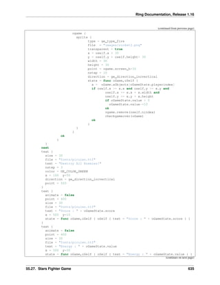 Ring Documentation, Release 1.16
(continued from previous page)
ogame {
sprite {
type = ge_type_fire
file = "images/rocket2.png"
transparent = true
x = oself.x + 30
y = oself.y + oself.height+ 30
width = 30
height = 30
point = ogame.screen_h+30
nstep = 10
direction = ge_direction_incvertical
state = func oGame,oSelf {
x = oGame.aObjects[oGameState.playerindex]
if oself.x >= x.x and oself.y >= x.y and
oself.x <= x.x + x.width and
oself.y <= x.y + x.height
if oGameState.value > 0
oGameState.value-=10
ok
ogame.remove(oself.nindex)
checkgameover(oGame)
ok
}
}
}
ok
}
}
next
text {
size = 30
file = "fonts/pirulen.ttf"
text = "Destroy All Enemies!"
nstep = 3
color = GE_COLOR_GREEN
x = 100 y=50
direction = ge_direction_incvertical
point = 500
}
text {
animate = false
point = 400
size = 30
file = "fonts/pirulen.ttf"
text = "Score : " + oGameState.score
x = 500 y=10
state = func oGame,oSelf { oSelf { text = "Score : " + oGameState.score } }
}
text {
animate = false
point = 400
size = 30
file = "fonts/pirulen.ttf"
text = "Energy : " + oGameState.value
x = 500 y=50
state = func oGame,oSelf { oSelf { text = "Energy : " + oGameState.value } }
(continues on next page)
55.27. Stars Fighter Game 635
 
