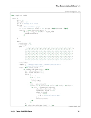 Ring Documentation, Release 1.16
(continued from previous page)
func playstart oGame
oGame {
FPS = 60
FixedFPS = 120
Title = "Flappy Bird 3000"
Sprite {
file = "images/fbback.png"
x = 0 y=0 width=800 height = 600 scaled = true animate = false
keypress = func ogame,oself,nKey {
if nkey = key_esc or nKey = GE_AC_BACK
ogame.shutdown()
ok
}
}
Map {
blockwidth = 80
blockheight = 80
aMap = [
[0,0,0,0,0,0,0,0,0,1,0,0,0,3,0,0,0,1,0,0,0,0,0,0,0,1,0,0,0],
[0,0,0,0,0,0,0,0,0,1,0,0,0,0,0,0,0,1,0,0,0,0,0,0,0,1,0,0,0],
[0,0,0,0,0,0,0,0,0,1,0,0,0,0,0,0,0,1,0,0,0,2,0,0,0,1,0,0,0],
[0,0,0,0,0,0,0,0,0,1,0,0,0,2,0,0,0,3,0,0,0,1,0,0,0,1,0,0,0],
[0,0,0,0,0,0,0,0,0,3,0,0,0,1,0,0,0,0,0,0,0,1,0,0,0,3,0,0,0],
[0,0,0,0,0,0,0,0,0,0,0,0,0,1,0,0,0,0,0,0,0,1,0,0,0,0,0,0,0],
[0,0,0,0,0,0,0,0,0,0,0,0,0,1,0,0,0,0,0,0,0,1,0,0,0,0,0,0,0],
[0,0,0,0,0,0,0,0,0,0,0,0,0,1,0,0,0,0,0,0,0,1,0,0,0,0,0,0,0]
]
newmap(aMap)
aImages = ["images/fbwall.png","images/fbwallup.png",
"images/fbwalldown.png"]
state = func oGame,oSelf {
if oGameState.gameresult = false
px = oGame.aObjects[3].x
py = oGame.aObjects[3].y
oSelf {
x -= 3
if x < - 2100
x = 0
newmap(aMap)
ok
nCol = getcol(px,0)
if nCol=11 or nCol=15 or nCol=19 or nCol=23 or nCol=27
if nCol != oGameState.lastcol
oGameState.lastcol = nCol
oGameState.Score += 100
oGame { Sound {
once = true
file = "sound/sfx_point.wav"
} }
checkwin(oGame)
ok
ok
}
if oSelf.getvalue(px+40,py) != 0 or
(continues on next page)
55.28. Flappy Bird 3000 Game 641
 