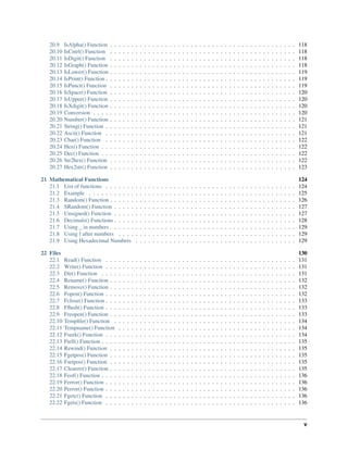 20.9 IsAlpha() Function . . . . . . . . . . . . . . . . . . . . . . . . . . . . . . . . . . . . . . . . . . . . 118
20.10 IsCntrl() Function . . . . . . . . . . . . . . . . . . . . . . . . . . . . . . . . . . . . . . . . . . . . 118
20.11 IsDigit() Function . . . . . . . . . . . . . . . . . . . . . . . . . . . . . . . . . . . . . . . . . . . . 118
20.12 IsGraph() Function . . . . . . . . . . . . . . . . . . . . . . . . . . . . . . . . . . . . . . . . . . . . 118
20.13 IsLower() Function . . . . . . . . . . . . . . . . . . . . . . . . . . . . . . . . . . . . . . . . . . . . 119
20.14 IsPrint() Function . . . . . . . . . . . . . . . . . . . . . . . . . . . . . . . . . . . . . . . . . . . . . 119
20.15 IsPunct() Function . . . . . . . . . . . . . . . . . . . . . . . . . . . . . . . . . . . . . . . . . . . . 119
20.16 IsSpace() Function . . . . . . . . . . . . . . . . . . . . . . . . . . . . . . . . . . . . . . . . . . . . 120
20.17 IsUpper() Function . . . . . . . . . . . . . . . . . . . . . . . . . . . . . . . . . . . . . . . . . . . . 120
20.18 IsXdigit() Function . . . . . . . . . . . . . . . . . . . . . . . . . . . . . . . . . . . . . . . . . . . . 120
20.19 Conversion . . . . . . . . . . . . . . . . . . . . . . . . . . . . . . . . . . . . . . . . . . . . . . . . 120
20.20 Number() Function . . . . . . . . . . . . . . . . . . . . . . . . . . . . . . . . . . . . . . . . . . . . 121
20.21 String() Function . . . . . . . . . . . . . . . . . . . . . . . . . . . . . . . . . . . . . . . . . . . . . 121
20.22 Ascii() Function . . . . . . . . . . . . . . . . . . . . . . . . . . . . . . . . . . . . . . . . . . . . . 121
20.23 Char() Function . . . . . . . . . . . . . . . . . . . . . . . . . . . . . . . . . . . . . . . . . . . . . 122
20.24 Hex() Function . . . . . . . . . . . . . . . . . . . . . . . . . . . . . . . . . . . . . . . . . . . . . . 122
20.25 Dec() Function . . . . . . . . . . . . . . . . . . . . . . . . . . . . . . . . . . . . . . . . . . . . . . 122
20.26 Str2hex() Function . . . . . . . . . . . . . . . . . . . . . . . . . . . . . . . . . . . . . . . . . . . . 122
20.27 Hex2str() Function . . . . . . . . . . . . . . . . . . . . . . . . . . . . . . . . . . . . . . . . . . . . 123
21 Mathematical Functions 124
21.1 List of functions . . . . . . . . . . . . . . . . . . . . . . . . . . . . . . . . . . . . . . . . . . . . . 124
21.2 Example . . . . . . . . . . . . . . . . . . . . . . . . . . . . . . . . . . . . . . . . . . . . . . . . . 125
21.3 Random() Function . . . . . . . . . . . . . . . . . . . . . . . . . . . . . . . . . . . . . . . . . . . . 126
21.4 SRandom() Function . . . . . . . . . . . . . . . . . . . . . . . . . . . . . . . . . . . . . . . . . . . 127
21.5 Unsigned() Function . . . . . . . . . . . . . . . . . . . . . . . . . . . . . . . . . . . . . . . . . . . 127
21.6 Decimals() Functions . . . . . . . . . . . . . . . . . . . . . . . . . . . . . . . . . . . . . . . . . . . 128
21.7 Using _ in numbers . . . . . . . . . . . . . . . . . . . . . . . . . . . . . . . . . . . . . . . . . . . . 129
21.8 Using f after numbers . . . . . . . . . . . . . . . . . . . . . . . . . . . . . . . . . . . . . . . . . . 129
21.9 Using Hexadecimal Numbers . . . . . . . . . . . . . . . . . . . . . . . . . . . . . . . . . . . . . . 129
22 Files 130
22.1 Read() Function . . . . . . . . . . . . . . . . . . . . . . . . . . . . . . . . . . . . . . . . . . . . . 131
22.2 Write() Function . . . . . . . . . . . . . . . . . . . . . . . . . . . . . . . . . . . . . . . . . . . . . 131
22.3 Dir() Function . . . . . . . . . . . . . . . . . . . . . . . . . . . . . . . . . . . . . . . . . . . . . . 131
22.4 Rename() Function . . . . . . . . . . . . . . . . . . . . . . . . . . . . . . . . . . . . . . . . . . . . 132
22.5 Remove() Function . . . . . . . . . . . . . . . . . . . . . . . . . . . . . . . . . . . . . . . . . . . . 132
22.6 Fopen() Function . . . . . . . . . . . . . . . . . . . . . . . . . . . . . . . . . . . . . . . . . . . . . 132
22.7 Fclose() Function . . . . . . . . . . . . . . . . . . . . . . . . . . . . . . . . . . . . . . . . . . . . . 133
22.8 Fflush() Function . . . . . . . . . . . . . . . . . . . . . . . . . . . . . . . . . . . . . . . . . . . . . 133
22.9 Freopen() Function . . . . . . . . . . . . . . . . . . . . . . . . . . . . . . . . . . . . . . . . . . . . 133
22.10 Tempfile() Function . . . . . . . . . . . . . . . . . . . . . . . . . . . . . . . . . . . . . . . . . . . 134
22.11 Tempname() Function . . . . . . . . . . . . . . . . . . . . . . . . . . . . . . . . . . . . . . . . . . 134
22.12 Fseek() Function . . . . . . . . . . . . . . . . . . . . . . . . . . . . . . . . . . . . . . . . . . . . . 134
22.13 Ftell() Function . . . . . . . . . . . . . . . . . . . . . . . . . . . . . . . . . . . . . . . . . . . . . . 135
22.14 Rewind() Function . . . . . . . . . . . . . . . . . . . . . . . . . . . . . . . . . . . . . . . . . . . . 135
22.15 Fgetpos() Function . . . . . . . . . . . . . . . . . . . . . . . . . . . . . . . . . . . . . . . . . . . . 135
22.16 Fsetpos() Function . . . . . . . . . . . . . . . . . . . . . . . . . . . . . . . . . . . . . . . . . . . . 135
22.17 Clearerr() Function . . . . . . . . . . . . . . . . . . . . . . . . . . . . . . . . . . . . . . . . . . . . 135
22.18 Feof() Function . . . . . . . . . . . . . . . . . . . . . . . . . . . . . . . . . . . . . . . . . . . . . . 136
22.19 Ferror() Function . . . . . . . . . . . . . . . . . . . . . . . . . . . . . . . . . . . . . . . . . . . . . 136
22.20 Perror() Function . . . . . . . . . . . . . . . . . . . . . . . . . . . . . . . . . . . . . . . . . . . . . 136
22.21 Fgetc() Function . . . . . . . . . . . . . . . . . . . . . . . . . . . . . . . . . . . . . . . . . . . . . 136
22.22 Fgets() Function . . . . . . . . . . . . . . . . . . . . . . . . . . . . . . . . . . . . . . . . . . . . . 136
v
 