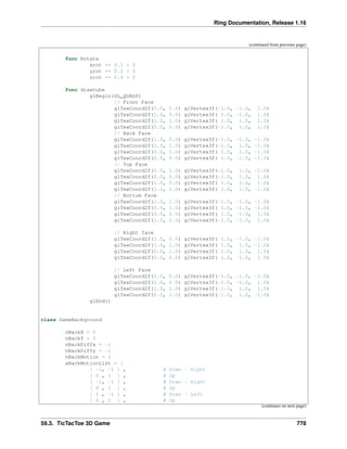 Ring Documentation, Release 1.16
(continued from previous page)
func Rotate
xrot += 0.3 * 5
yrot += 0.2 * 5
zrot += 0.4 * 5
func drawcube
glBegin(GL_QUADS)
// Front Face
glTexCoord2f(0.0, 0.0) glVertex3f(-1.0, -1.0, 1.0)
glTexCoord2f(1.0, 0.0) glVertex3f( 1.0, -1.0, 1.0)
glTexCoord2f(1.0, 1.0) glVertex3f( 1.0, 1.0, 1.0)
glTexCoord2f(0.0, 1.0) glVertex3f(-1.0, 1.0, 1.0)
// Back Face
glTexCoord2f(1.0, 0.0) glVertex3f(-1.0, -1.0, -1.0)
glTexCoord2f(1.0, 1.0) glVertex3f(-1.0, 1.0, -1.0)
glTexCoord2f(0.0, 1.0) glVertex3f( 1.0, 1.0, -1.0)
glTexCoord2f(0.0, 0.0) glVertex3f( 1.0, -1.0, -1.0)
// Top Face
glTexCoord2f(0.0, 1.0) glVertex3f(-1.0, 1.0, -1.0)
glTexCoord2f(0.0, 0.0) glVertex3f(-1.0, 1.0, 1.0)
glTexCoord2f(1.0, 0.0) glVertex3f( 1.0, 1.0, 1.0)
glTexCoord2f(1.0, 1.0) glVertex3f( 1.0, 1.0, -1.0)
// Bottom Face
glTexCoord2f(1.0, 1.0) glVertex3f(-1.0, -1.0, -1.0)
glTexCoord2f(0.0, 1.0) glVertex3f( 1.0, -1.0, -1.0)
glTexCoord2f(0.0, 0.0) glVertex3f( 1.0, -1.0, 1.0)
glTexCoord2f(1.0, 0.0) glVertex3f(-1.0, -1.0, 1.0)
// Right face
glTexCoord2f(1.0, 0.0) glVertex3f( 1.0, -1.0, -1.0)
glTexCoord2f(1.0, 1.0) glVertex3f( 1.0, 1.0, -1.0)
glTexCoord2f(0.0, 1.0) glVertex3f( 1.0, 1.0, 1.0)
glTexCoord2f(0.0, 0.0) glVertex3f( 1.0, -1.0, 1.0)
// Left Face
glTexCoord2f(0.0, 0.0) glVertex3f(-1.0, -1.0, -1.0)
glTexCoord2f(1.0, 0.0) glVertex3f(-1.0, -1.0, 1.0)
glTexCoord2f(1.0, 1.0) glVertex3f(-1.0, 1.0, 1.0)
glTexCoord2f(0.0, 1.0) glVertex3f(-1.0, 1.0, -1.0)
glEnd()
class GameBackground
nBackX = 0
nBackY = 0
nBackDiffx = -1
nBackDiffy = -1
nBackMotion = 1
aBackMotionList = [
[ -1, -1 ] , # Down - Right
[ 0 , 1 ] , # Up
[ -1, -1 ] , # Down - Right
[ 0 , 1 ] , # Up
[ 1 , -1 ] , # Down - Left
[ 0 , 1 ] , # Up
(continues on next page)
59.3. TicTacToe 3D Game 778
 
