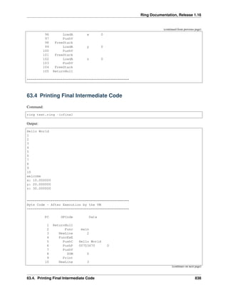 Ring Documentation, Release 1.16
(continued from previous page)
96 LoadA x 0
97 PushV
98 FreeStack
99 LoadA y 0
100 PushV
101 FreeStack
102 LoadA z 0
103 PushV
104 FreeStack
105 ReturnNull
===================================================
63.4 Printing Final Intermediate Code
Command:
ring test.ring -icfinal
Output:
Hello World
1
2
3
4
5
6
7
8
9
10
welcome
x: 10.000000
y: 20.000000
z: 30.000000
===================================================
Byte Code - After Execution by the VM
===================================================
PC OPCode Data
1 ReturnNull
2 Func main
3 NewLine 2
4 FuncExE
5 PushC Hello World
6 PushP 007D3670 0
7 PushV
8 SUM 0
9 Print
10 NewLine 3
(continues on next page)
63.4. Printing Final Intermediate Code 838
 