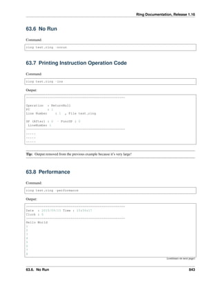 Ring Documentation, Release 1.16
63.6 No Run
Command:
ring test.ring -norun
63.7 Printing Instruction Operation Code
Command:
ring test.ring -ins
Output:
===================================================
Operation : ReturnNull
PC : 1
Line Number : 1 , File test.ring
SP (After) : 0 - FuncSP : 0
LineNumber 1
===================================================
.....
.....
.....
Tip: Output removed from the previous example because it’s very large!
63.8 Performance
Command:
ring test.ring -performance
Output:
===================================================
Date : 2015/09/15 Time : 15:56:17
Clock : 0
===================================================
Hello World
1
2
3
4
5
6
7
8
(continues on next page)
63.6. No Run 843
 